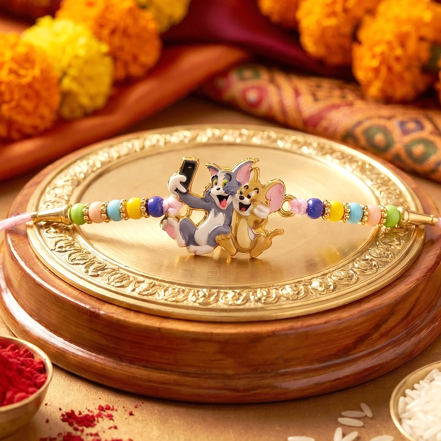 Cute Cartoon Cat and Mouse Pastel Bead Kids Rakhi - Image 4