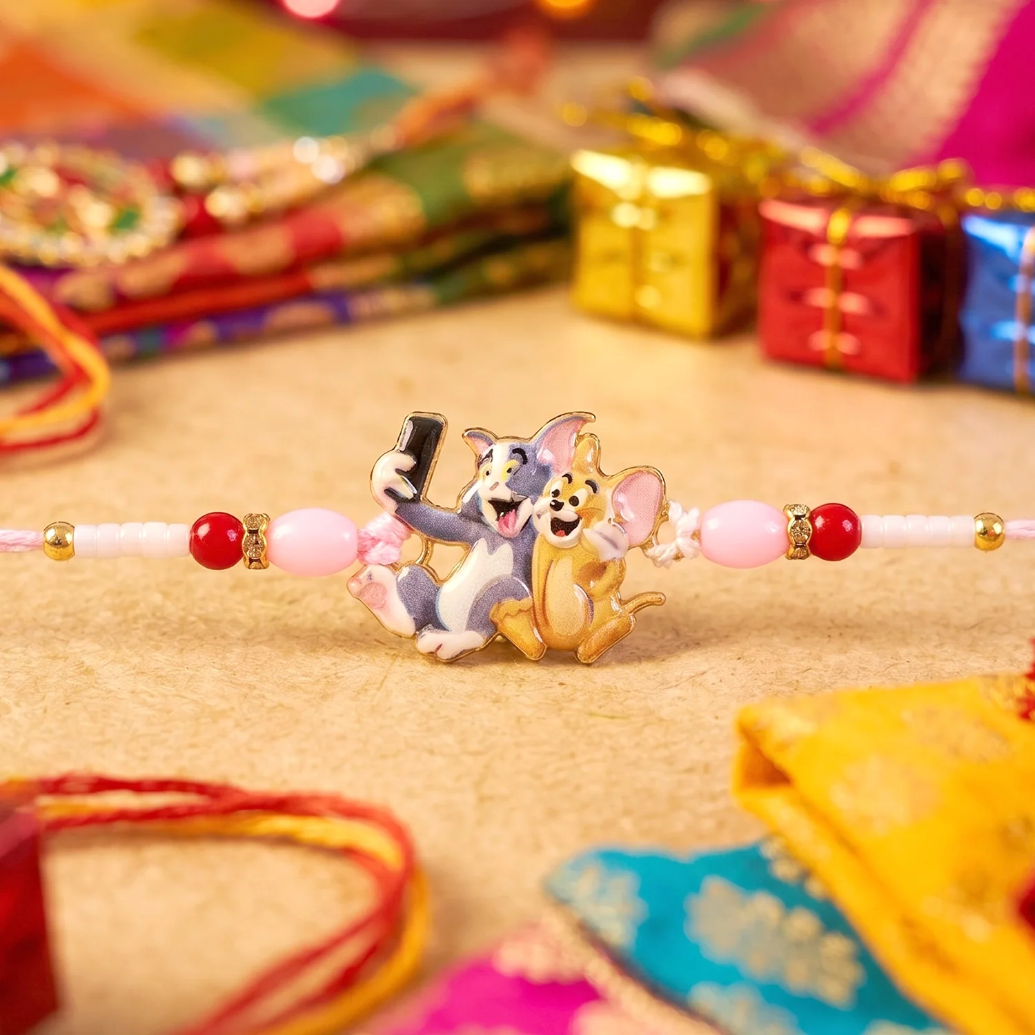 Cute Cartoon Cat and Mouse Selfie Kids Rakhi - Image 3