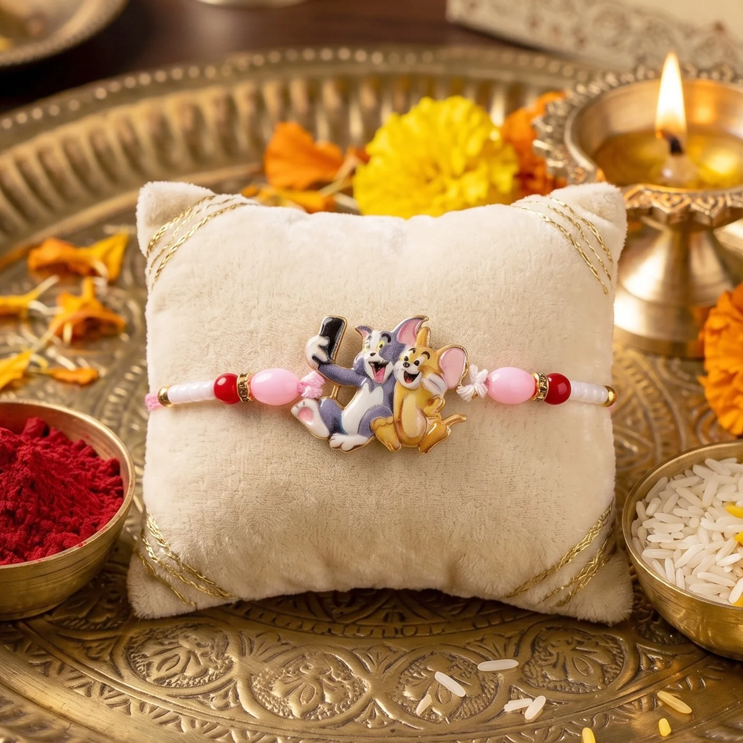 Cute Cartoon Cat and Mouse Selfie Kids Rakhi - Image 4