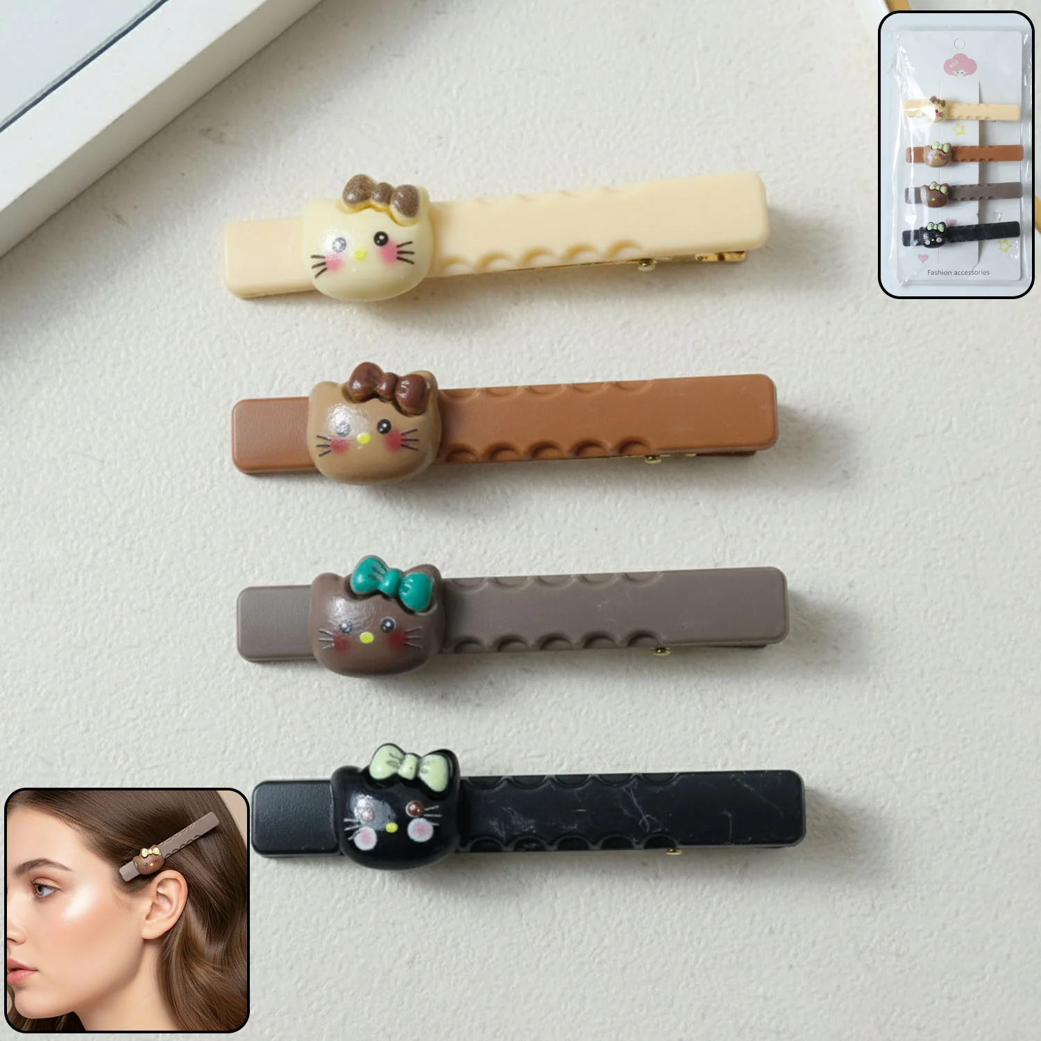 Cute Cartoon Cat Design Hair Clips Set (4 Pc)