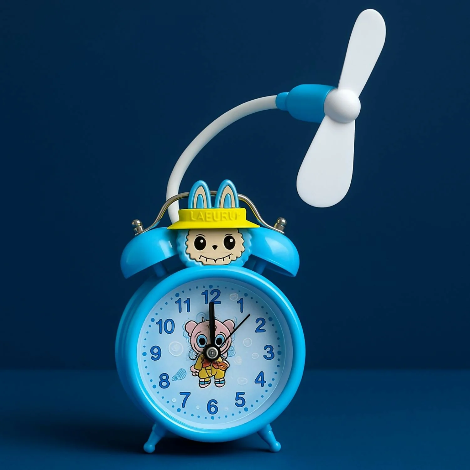 Cute Cartoon Dual Bell Kids Alarm Clock with Cooling Fan Loud Retro Table Clock - Image 2