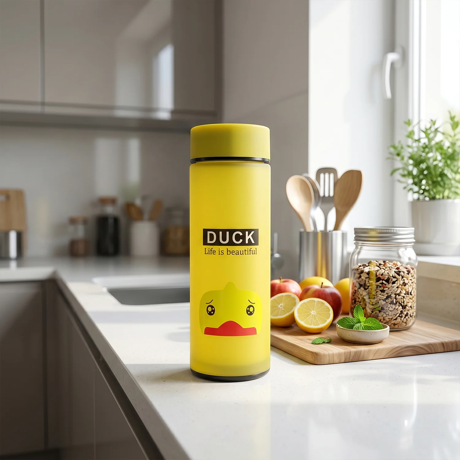 Cute Cartoon Design Frosted Glass Water Bottle with Leak Proof Lid (450 ML) - Image 7