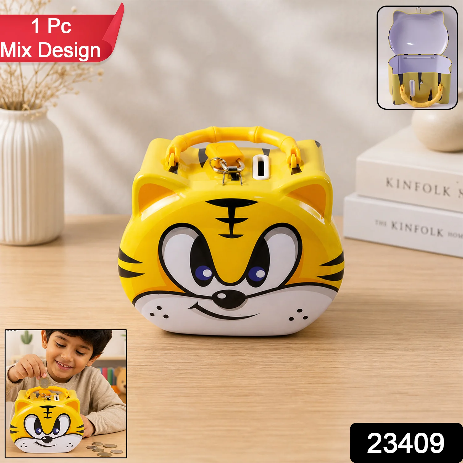 Cute Cartoon Design Metal Piggy Bank with Lock and Key (1 Pc Mix Design) - Image 2