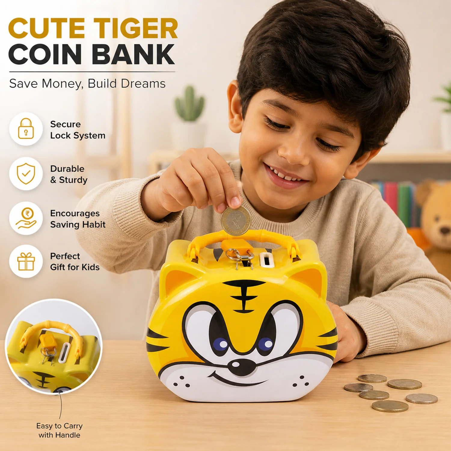 Cute Cartoon Design Metal Piggy Bank with Lock and Key (1 Pc Mix Design) - Image 5