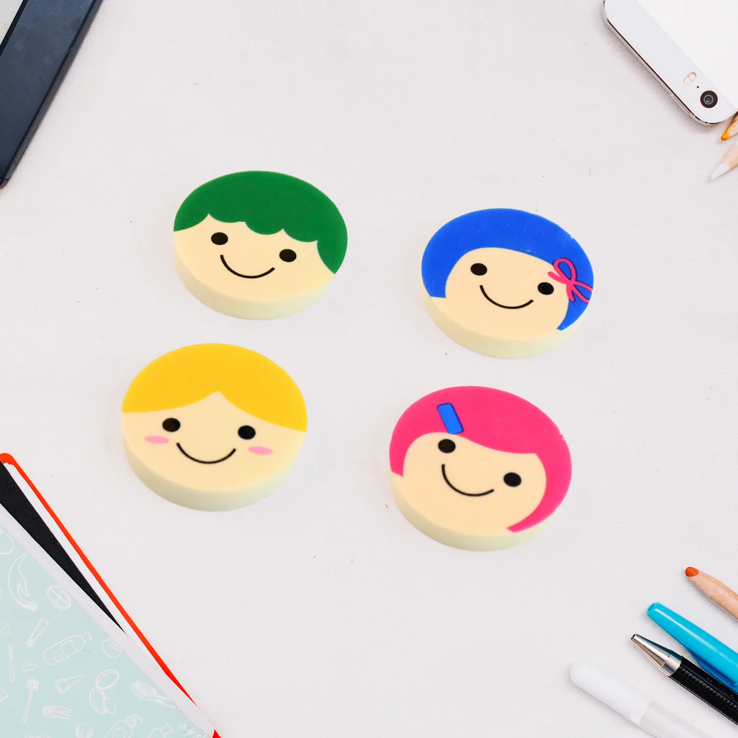 Cute Cartoon Face Erasers for School & Stationery Use (4 Pc) - Image 6