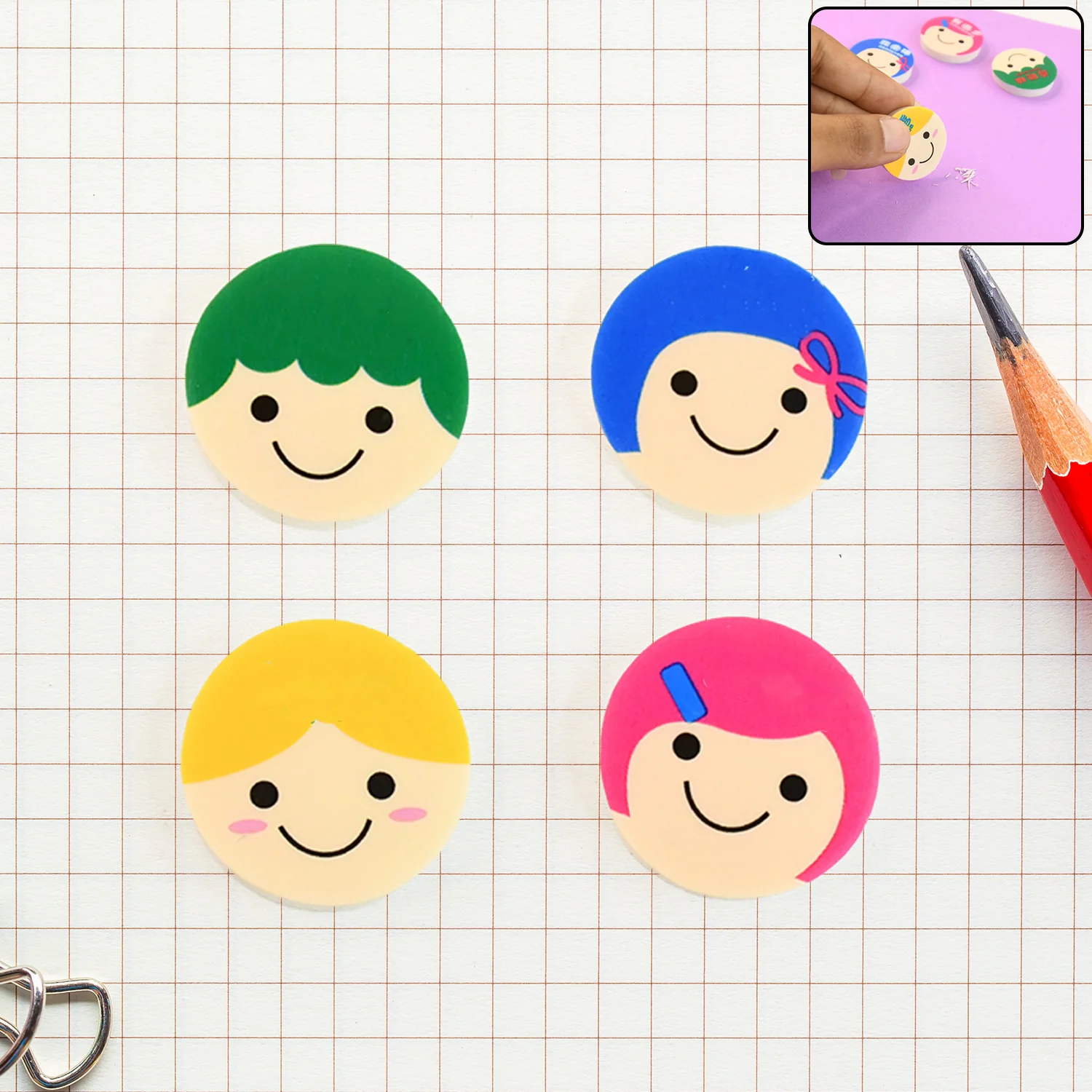 Cute Cartoon Face Erasers for School & Stationery Use (4 Pc) - Image 7