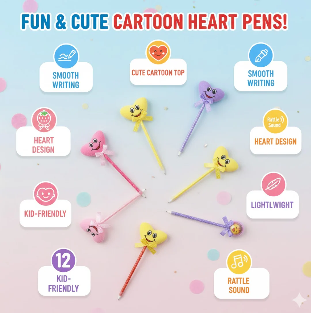 Cute Cartoon Shape & Heart Design Facy Writting Pen Attached Rattle | Ball Pen Smooth Writing For Wedding , Events & Multiuse Pen  Best Pen l Use for Kids (12 Pcs Set Mix Design & Color) - Image 2