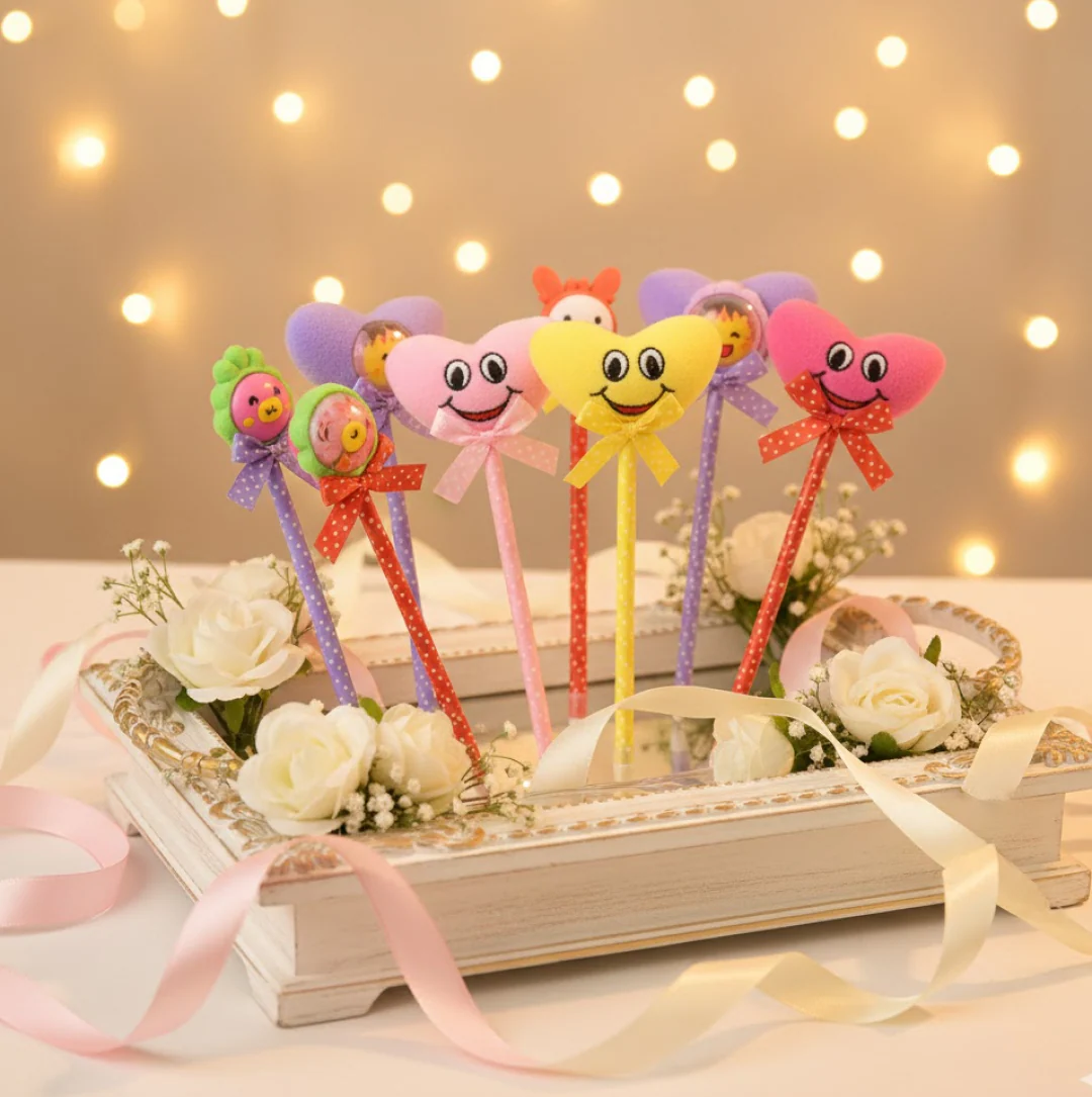 Cute Cartoon Shape & Heart Design Facy Writting Pen Attached Rattle | Ball Pen Smooth Writing For Wedding , Events & Multiuse Pen  Best Pen l Use for Kids (12 Pcs Set Mix Design & Color) - Image 6