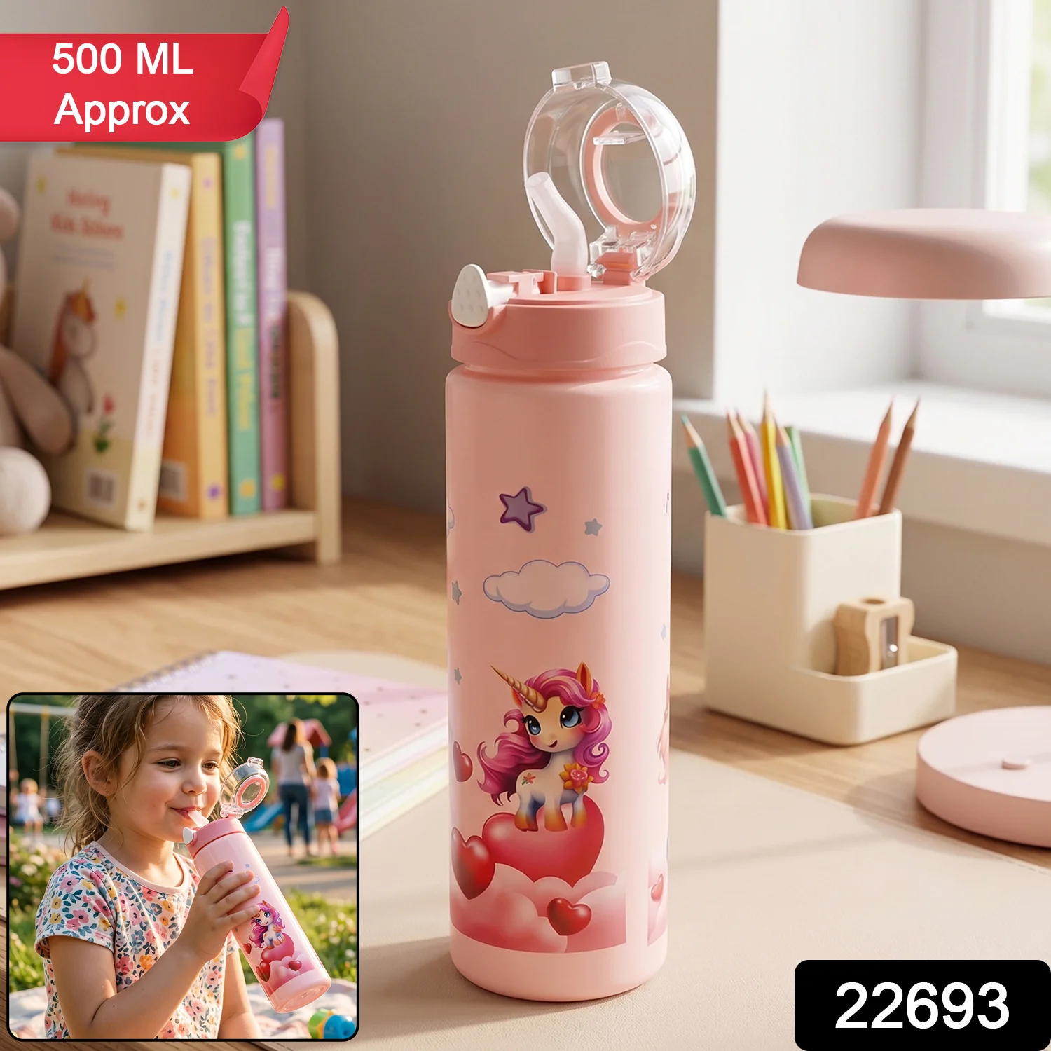 Cute Princess Printed Kids Water Bottle with Flip Top & Lid Straw - Image 2
