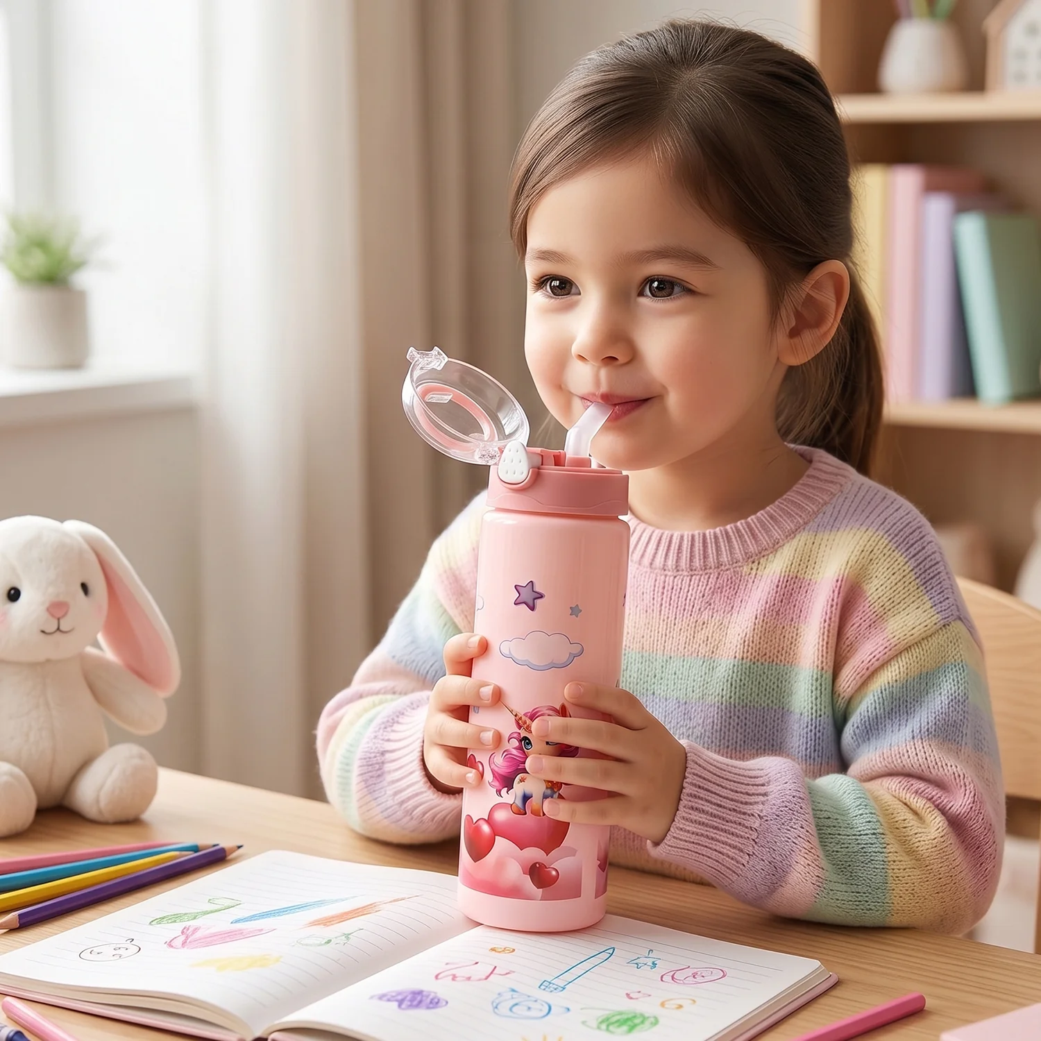 Cute Princess Printed Kids Water Bottle with Flip Top & Lid Straw - Image 3