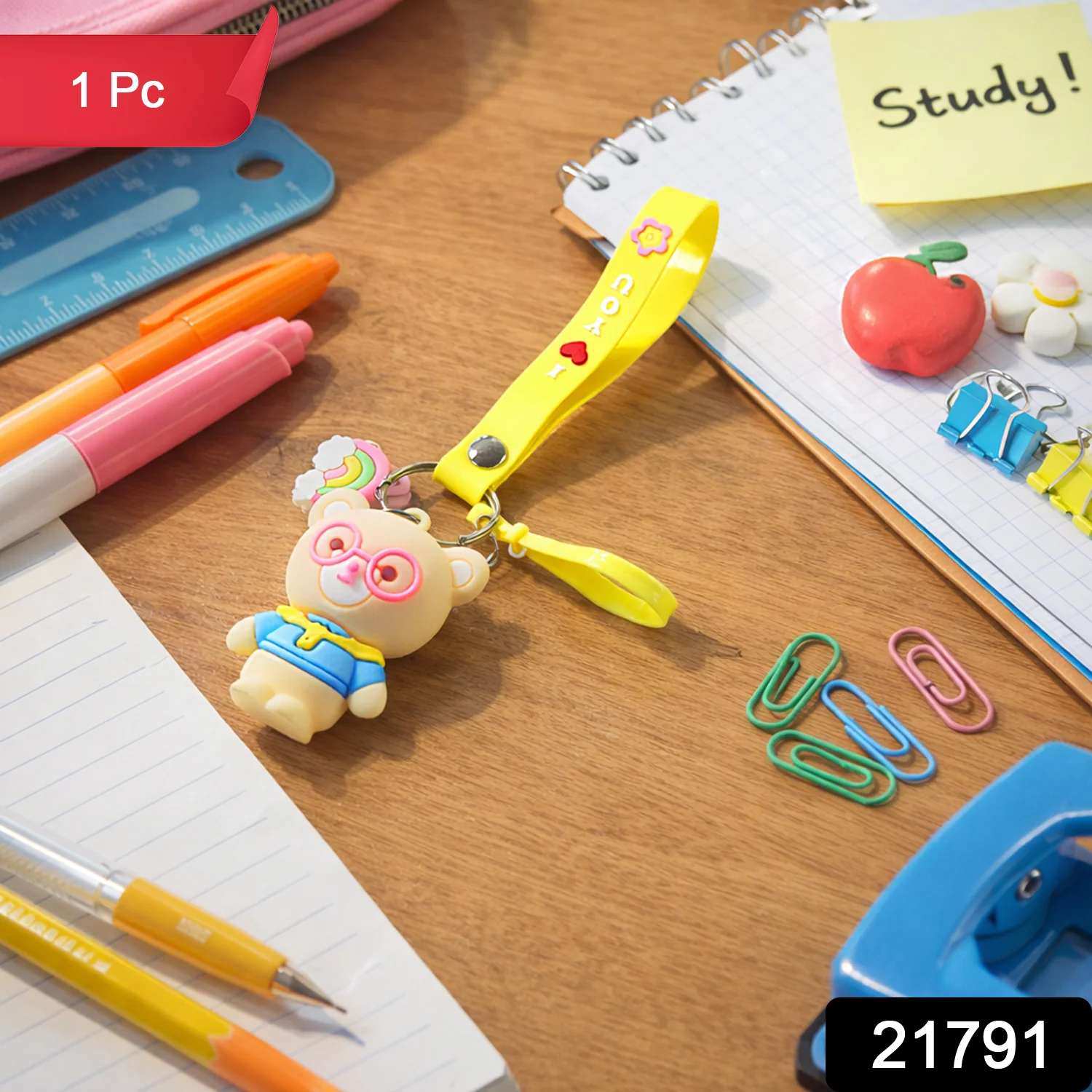 Cute Cartoon Teddy Bear Keychain with Yellow I Love You Strap (1 Pc) - Image 2