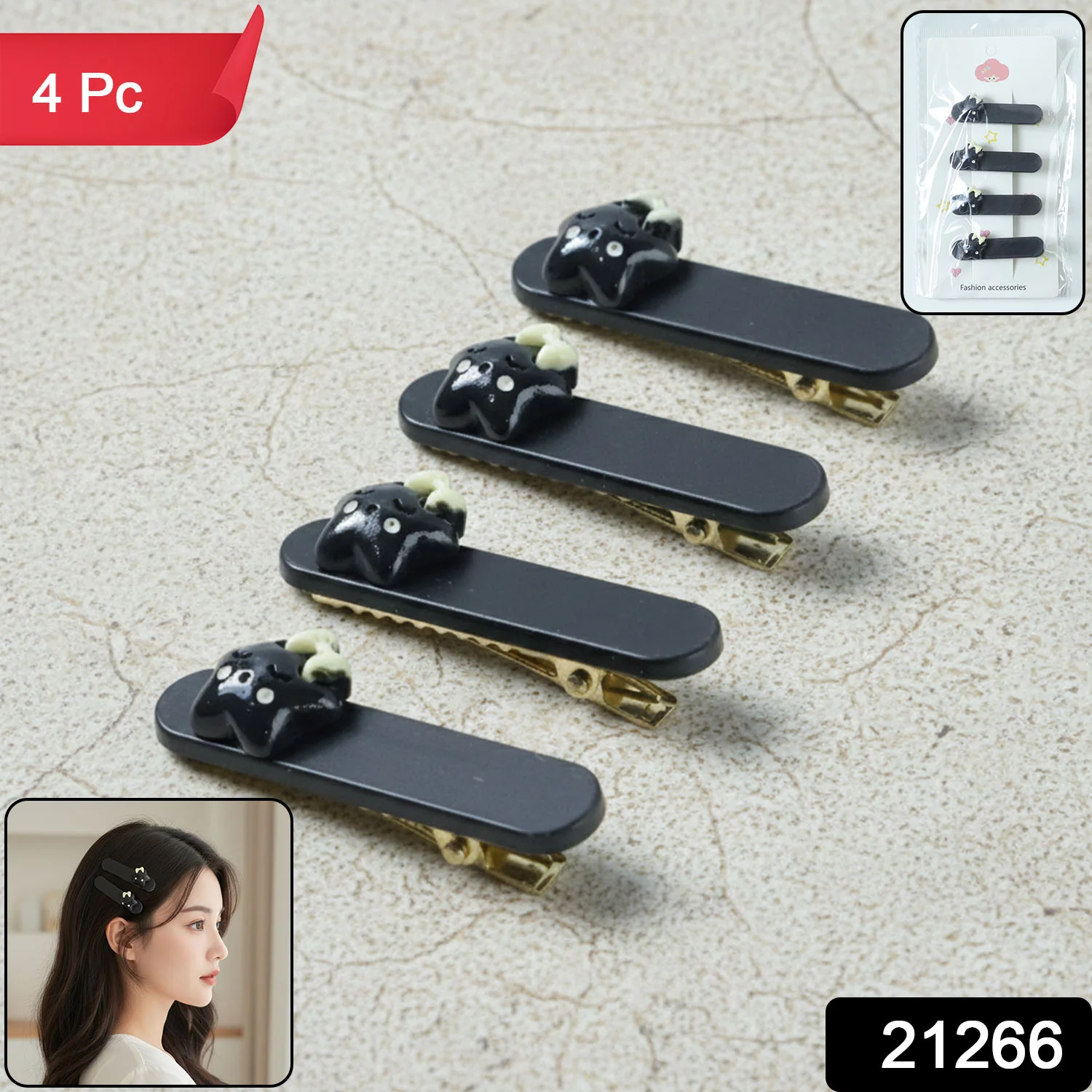 Cute Cat Design Premium Matte Finish Hair Clips (4 Pc) - Image 2