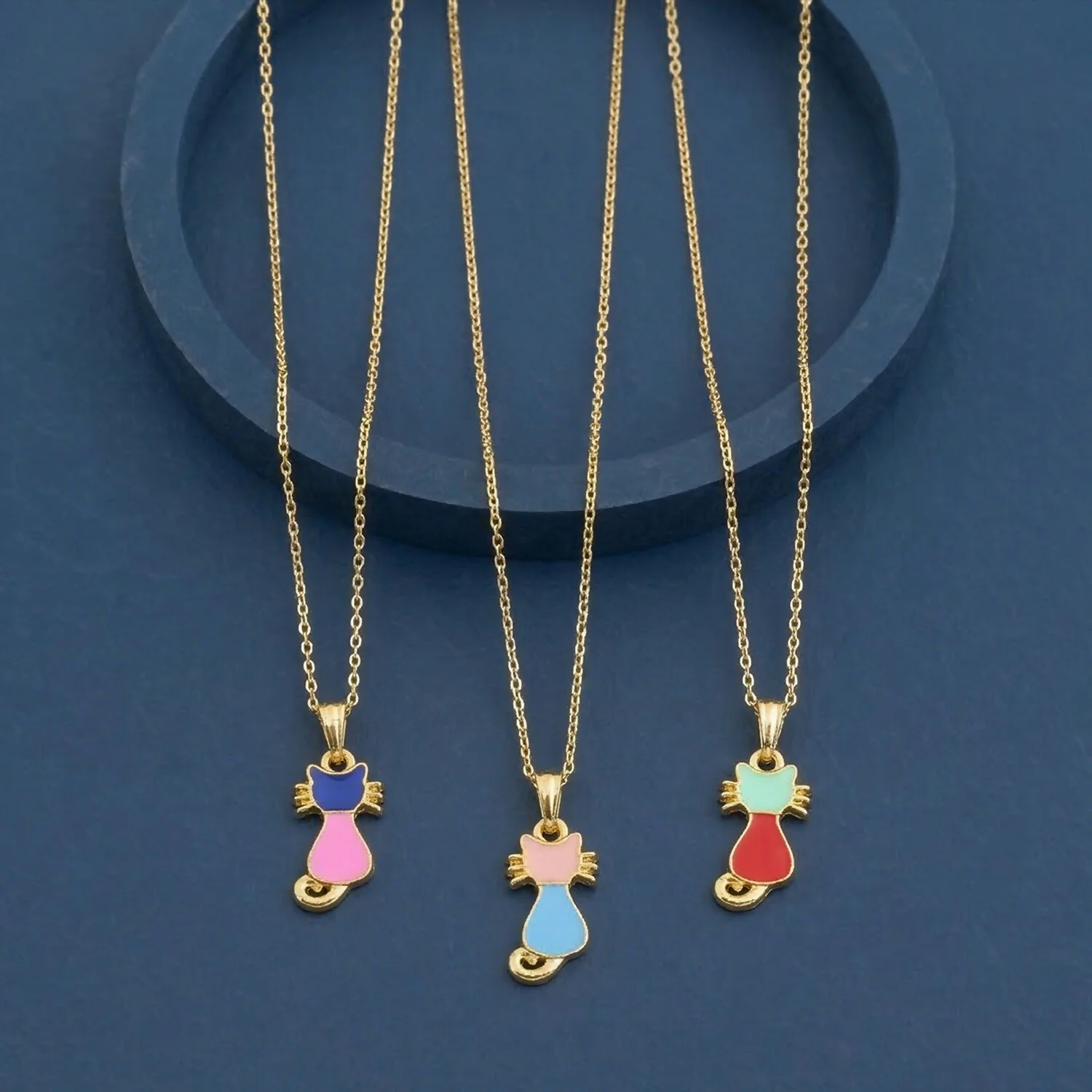 Cute Cat Gold Pendant Necklaces with Colorful Enamel Charm