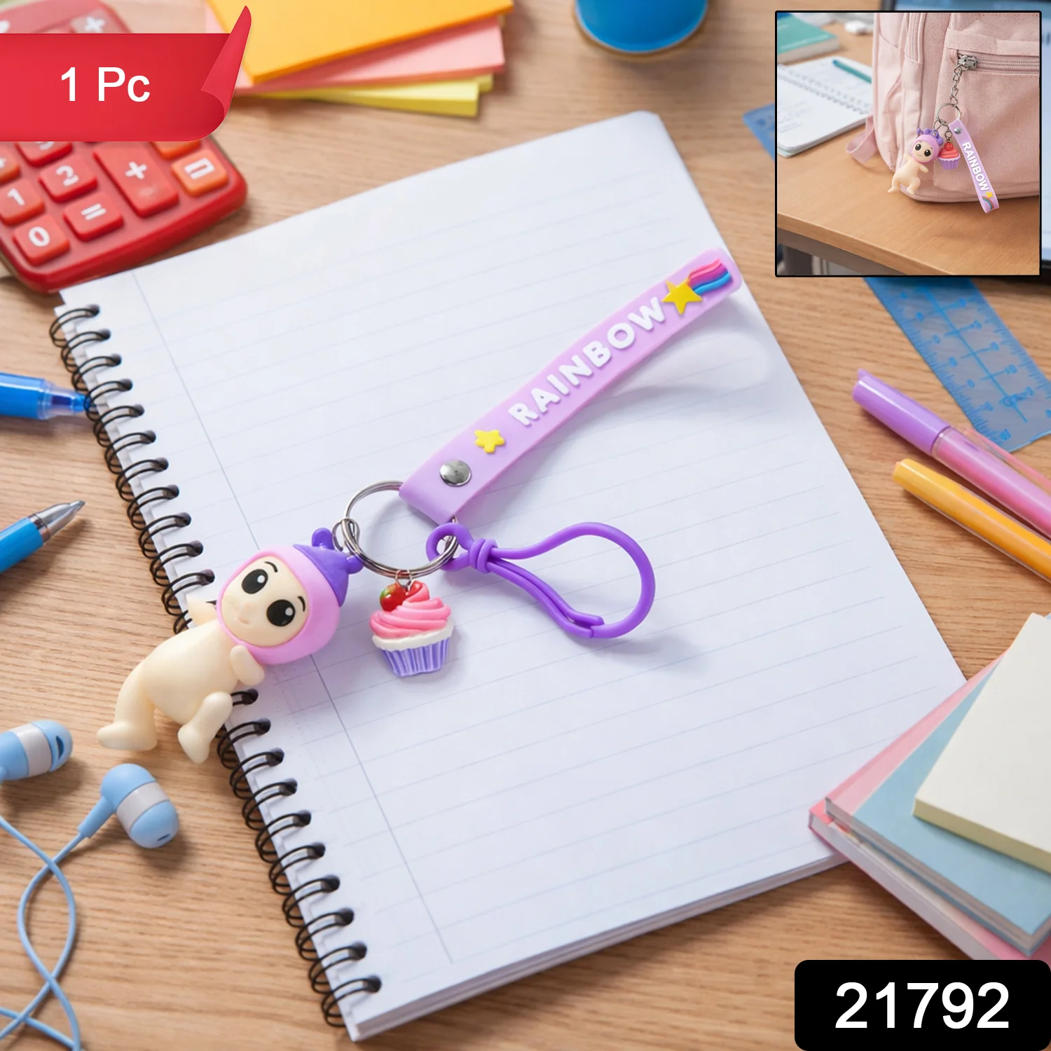 Cute Doll & Cupcake Keychain with Rainbow Strap (1 Pc) - Image 2