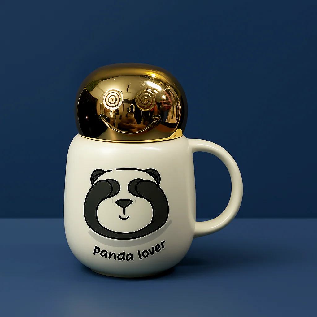 Cute Panda Ceramic Coffee Mug with Golden Lid – “I Hate Mornings” Design - Image 2