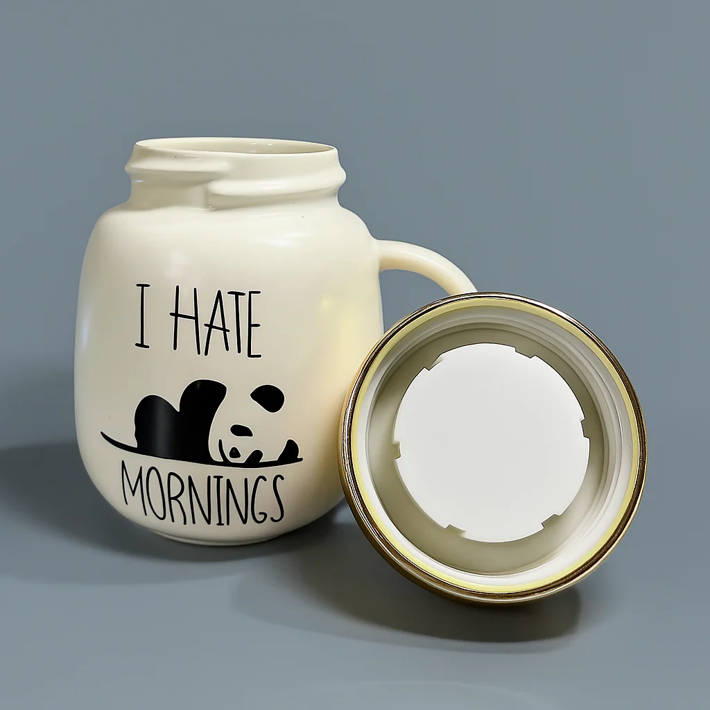 Cute Panda Ceramic Coffee Mug with Golden Lid – “I Hate Mornings” Design - Image 4