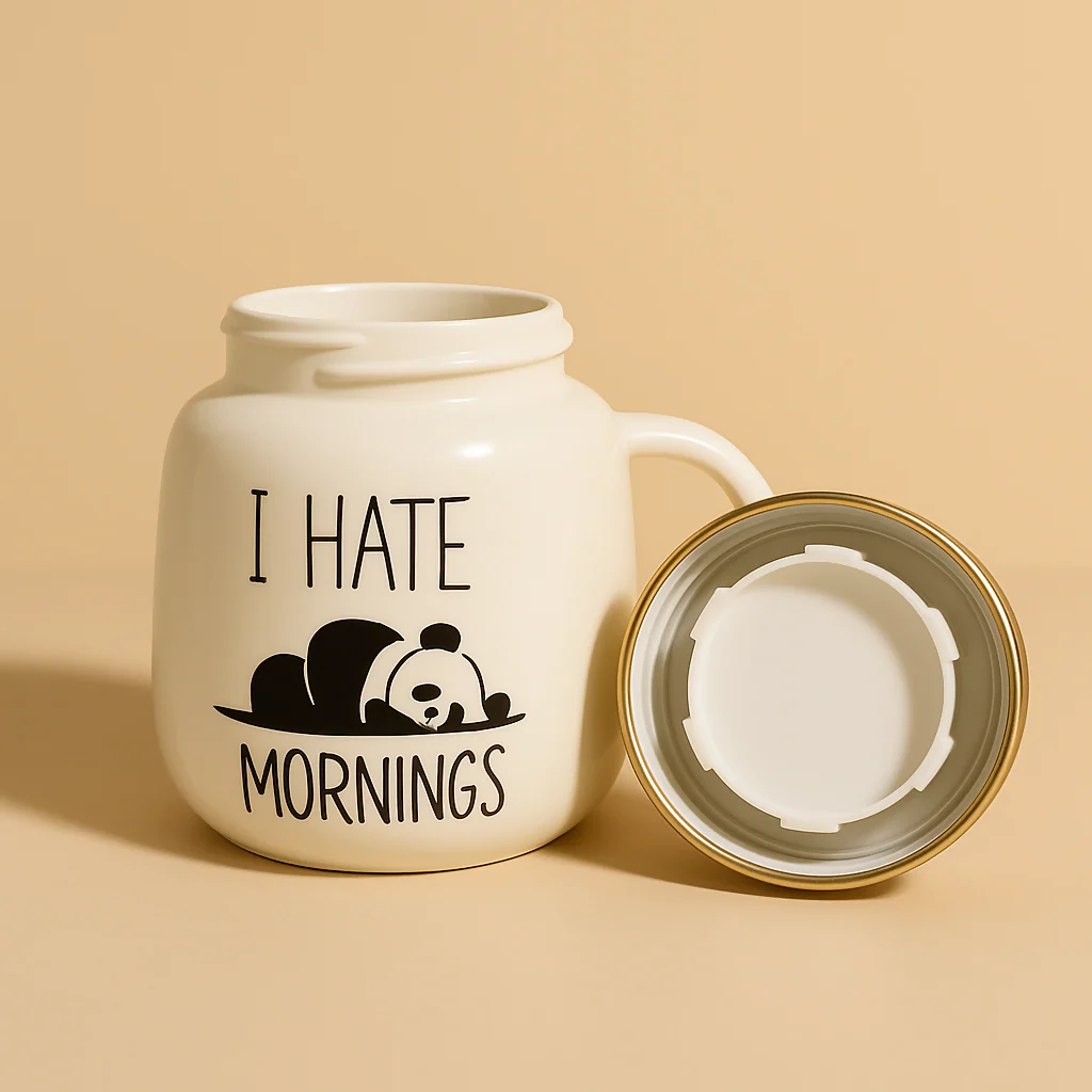 Cute Panda Ceramic Coffee Mug with Golden Lid – “I Hate Mornings” Design - Image 6