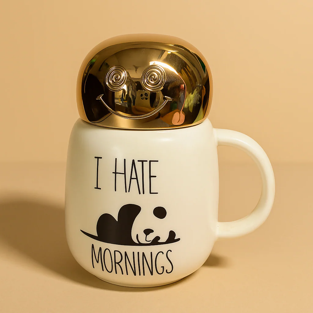 Cute Panda Ceramic Coffee Mug with Golden Lid – “I Hate Mornings” Design - Image 7