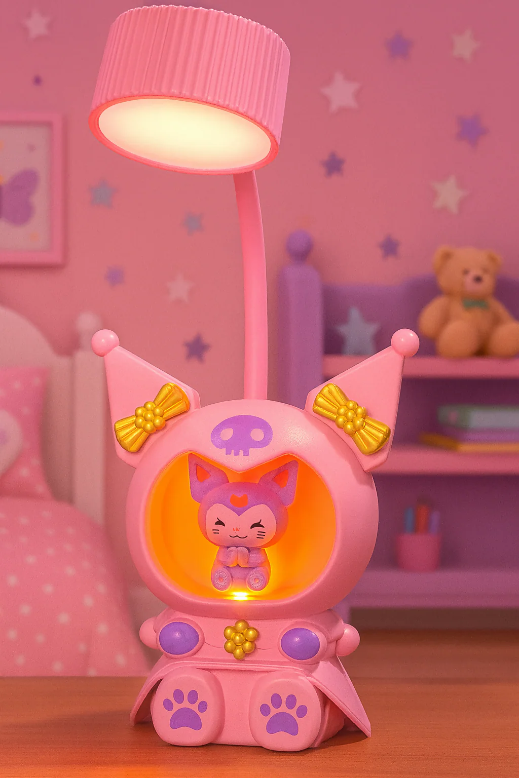 Cute Pink Character LED Table Lamp with Night Light & USB Charging - Image 2