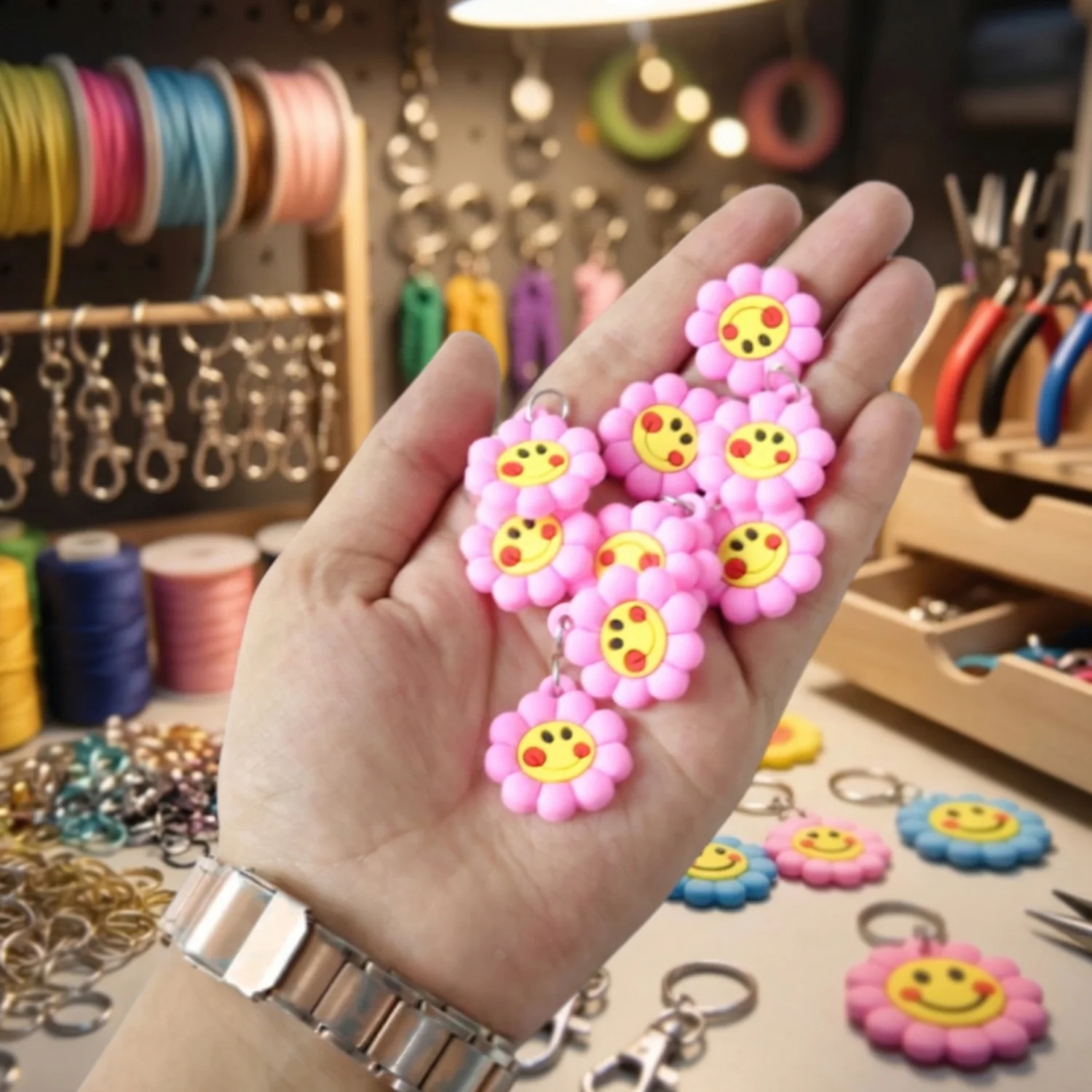 Cute Smiley Flower Shape Bag Charm Keychain Set (10 Pc) - Image 3