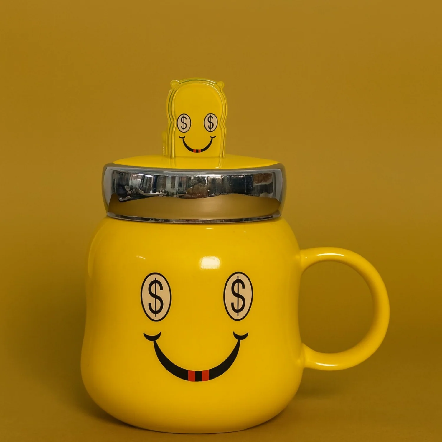 Cute Smiley Heart-Eyes Ceramic Mug with Lid & Handle | Adorable Yellow Coffee & Tea Cup for Home, Office & Gifting | Premium Glossy Finish Emoji Style Mug for Hot Beverages, Milk, Tea, Coffee & Cocoa - Image 3