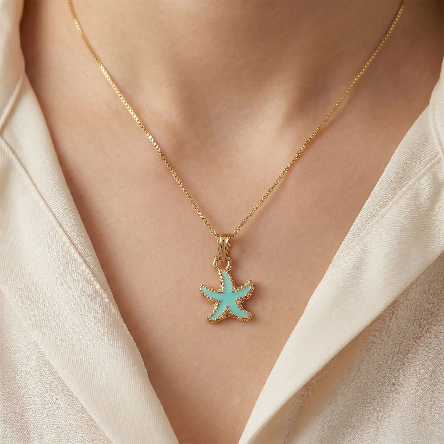 Cute Starfish Gold Pendant Necklace with Color Enamel - Image 2