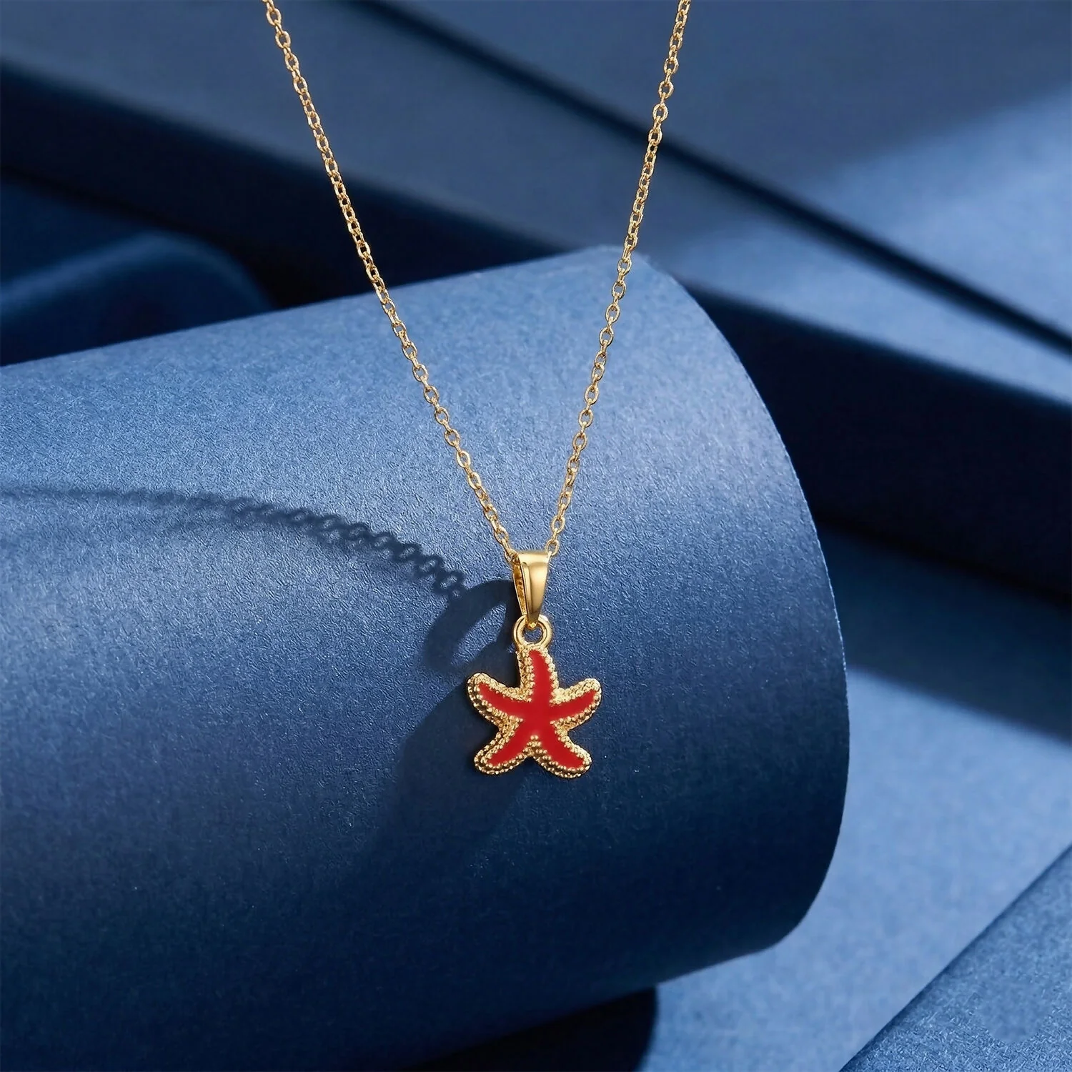 Cute Starfish Gold Pendant Necklace with Color Enamel - Image 3