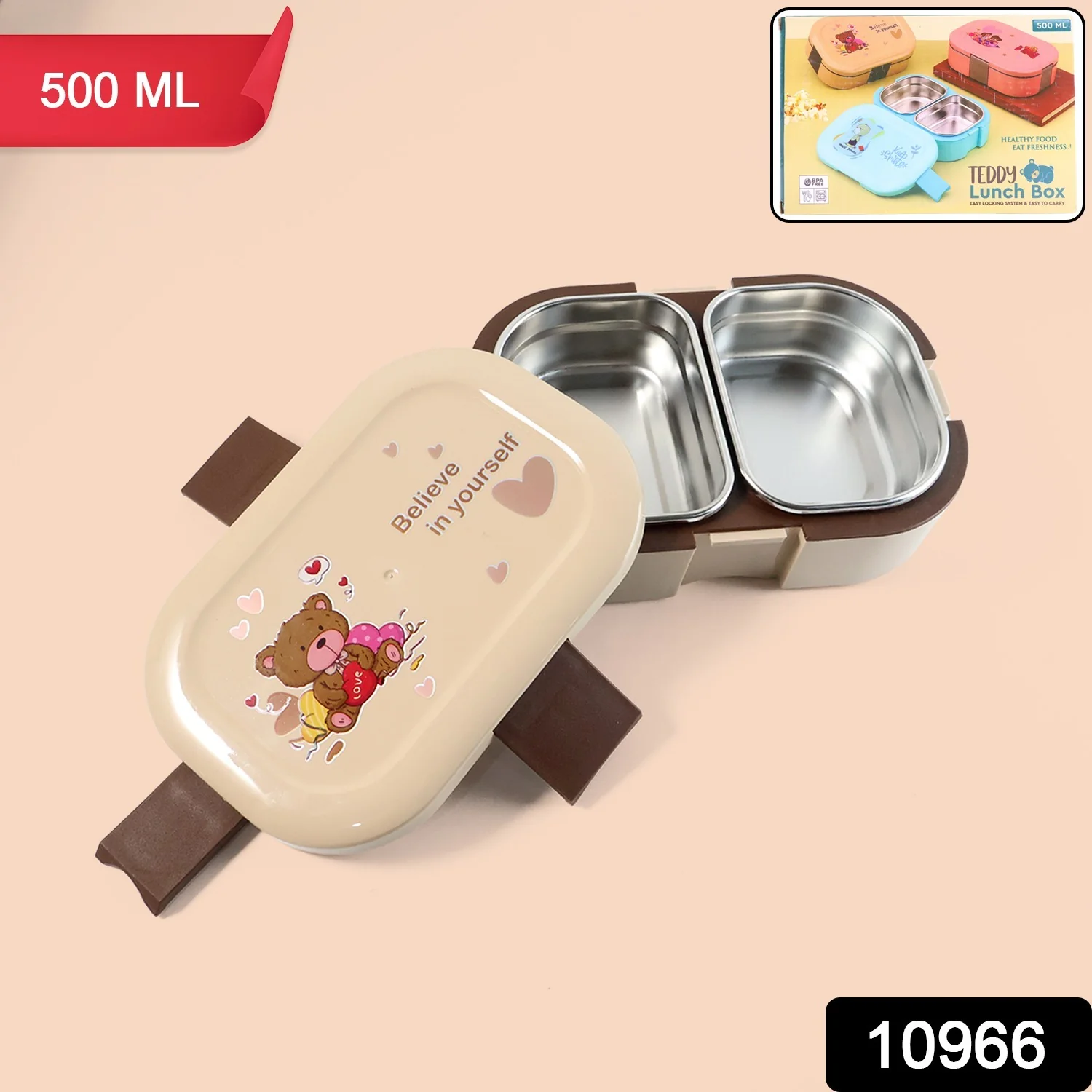 Cute Teddy Printed Kids Lunch Box (500Ml / 1 Pc) - Image 2
