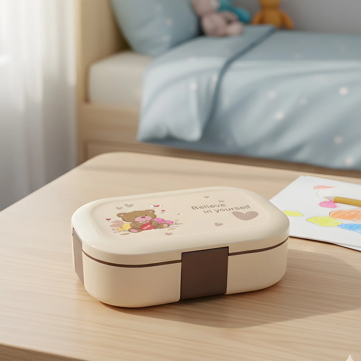Cute Teddy Printed Kids Lunch Box (500Ml / 1 Pc) - Image 3