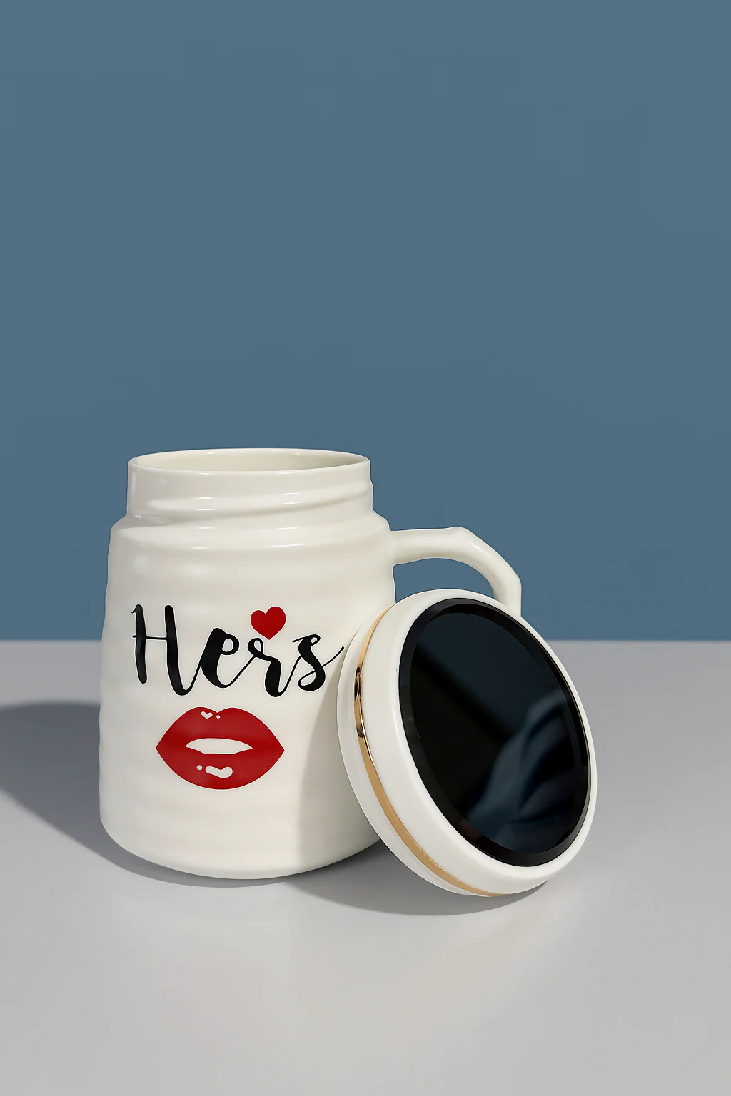 Cute White Ceramic "Hers" Mug with Red Lip Print and Lid - Image 3