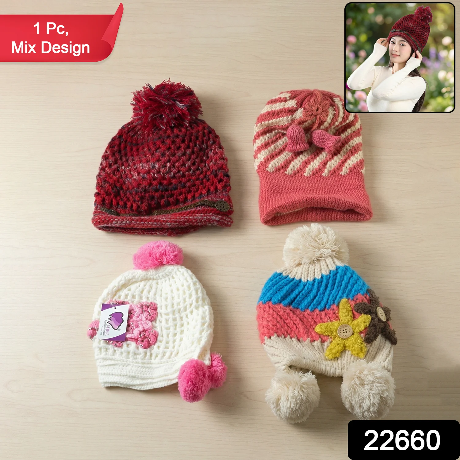 Cute Winter Woolen Knitted Caps for Men & Women (1 Pc, Mix Design) - Image 2