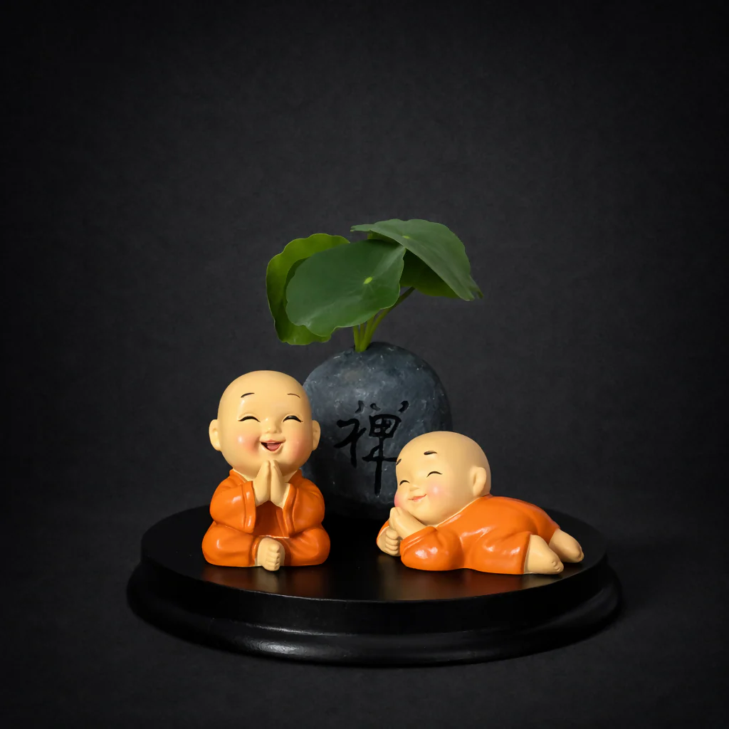Cute Zen Monk Couple with Mini Planter Decorative Showpiece (ANY COLOR) - Image 2