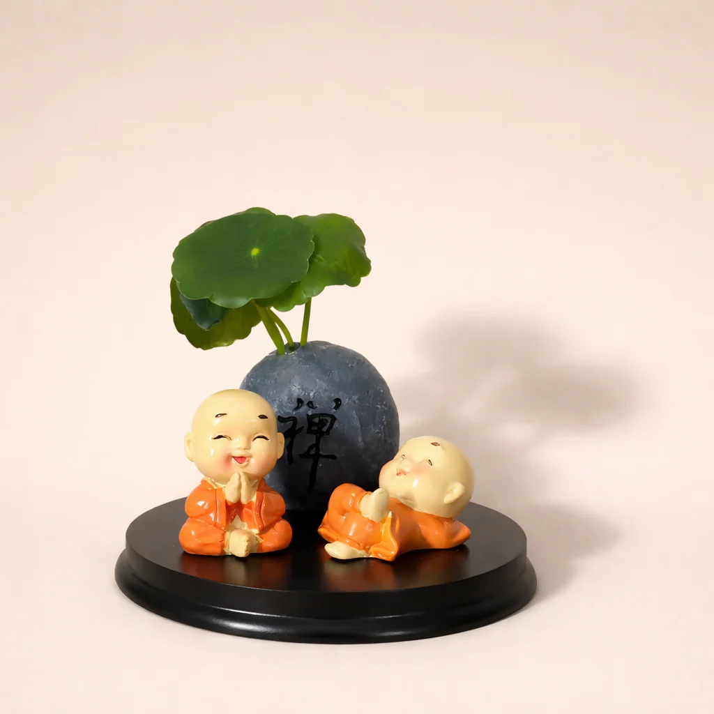 Cute Zen Monk Couple with Mini Planter Decorative Showpiece (ANY COLOR) - Image 3