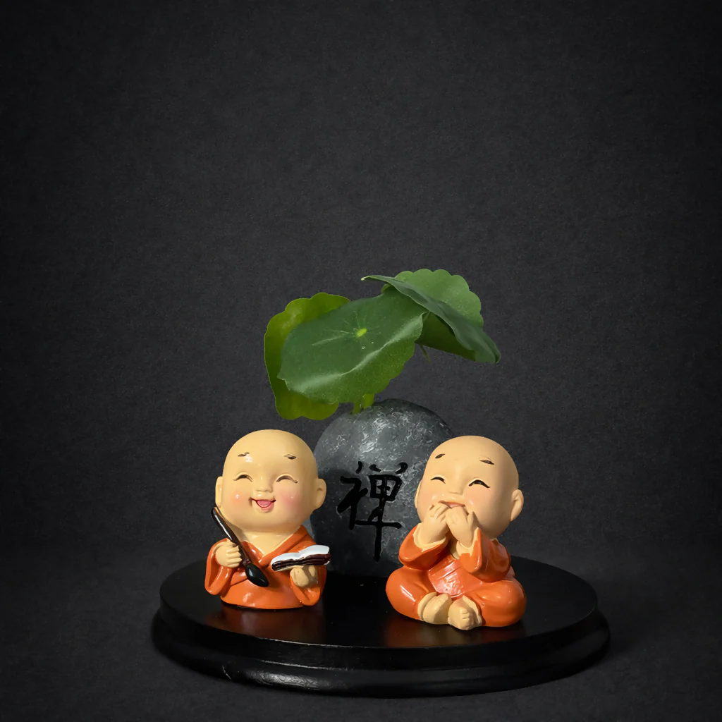 Cute Zen Monk Couple with Mini Planter Decorative Showpiece (ANY COLOR) - Image 6