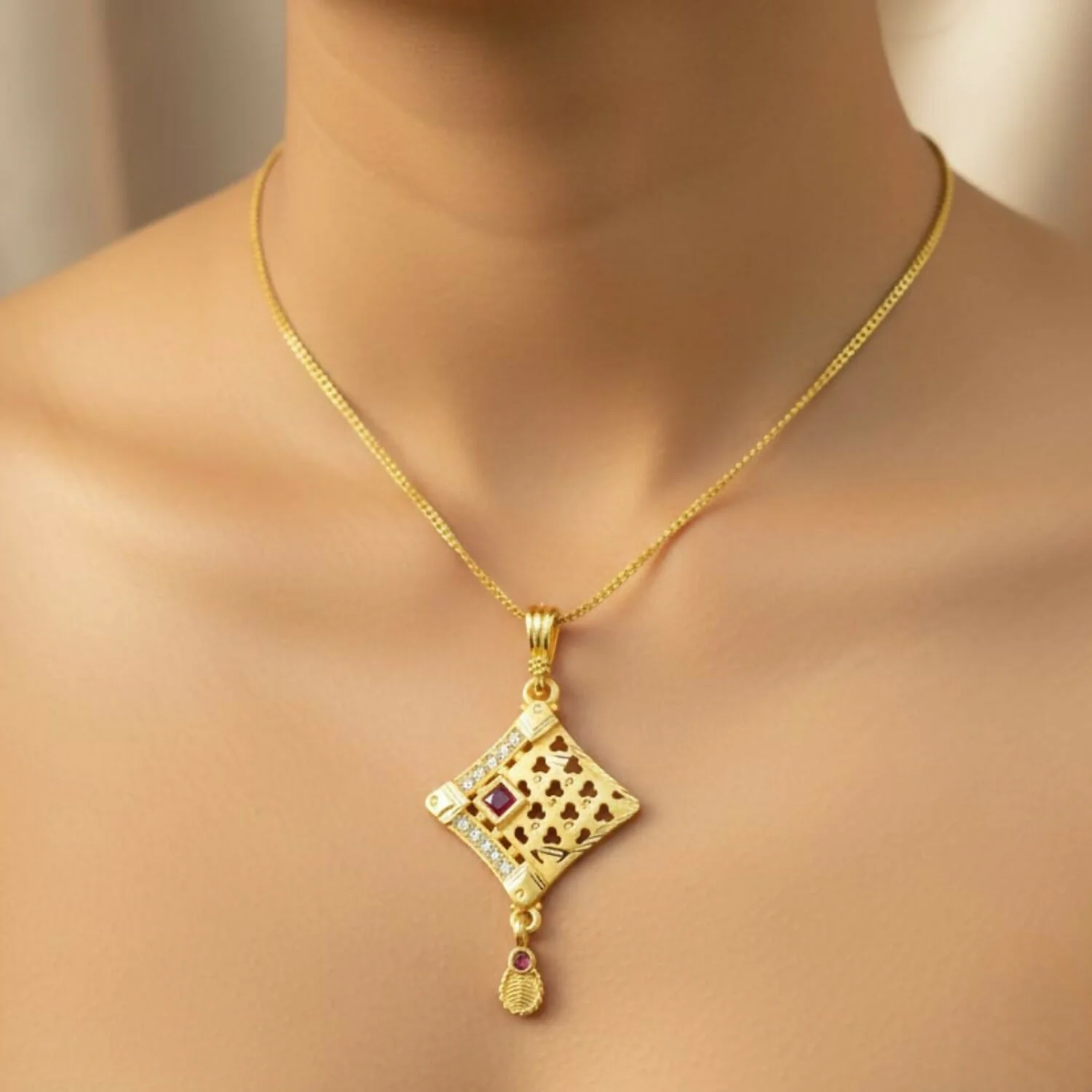 Cutwork Square Gold Pendant and Earring Set Elegant Traditional Jewelry Set - Image 3