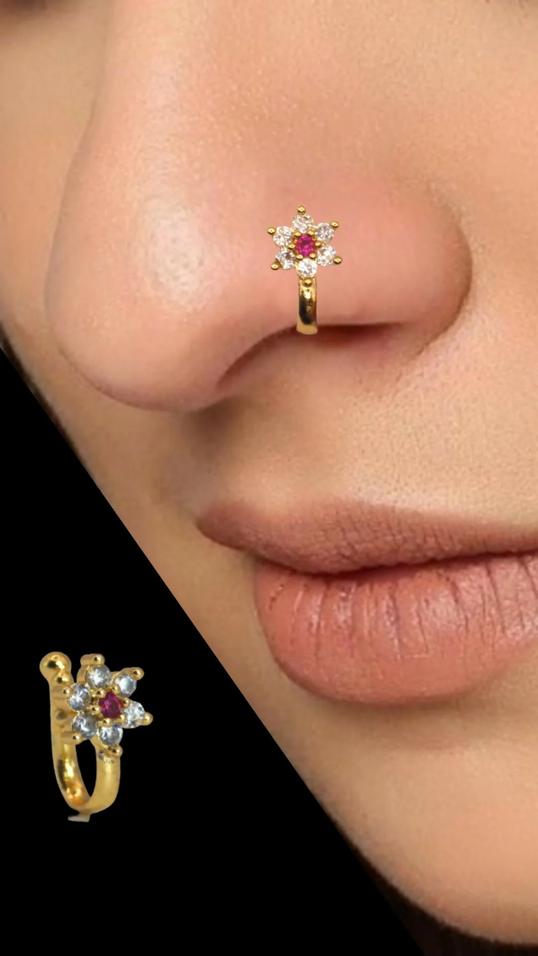 CZ Flower & Line Gold Plated Non-Piercing Nose Ring Set Combo Pack of 3 - Image 2