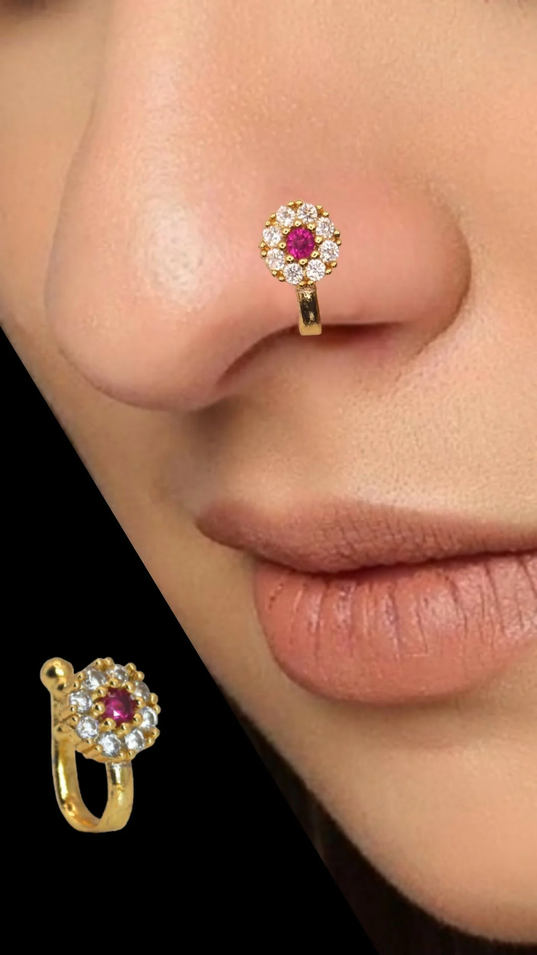 CZ Flower & Line Gold Plated Non-Piercing Nose Ring Set Combo Pack of 3 - Image 3