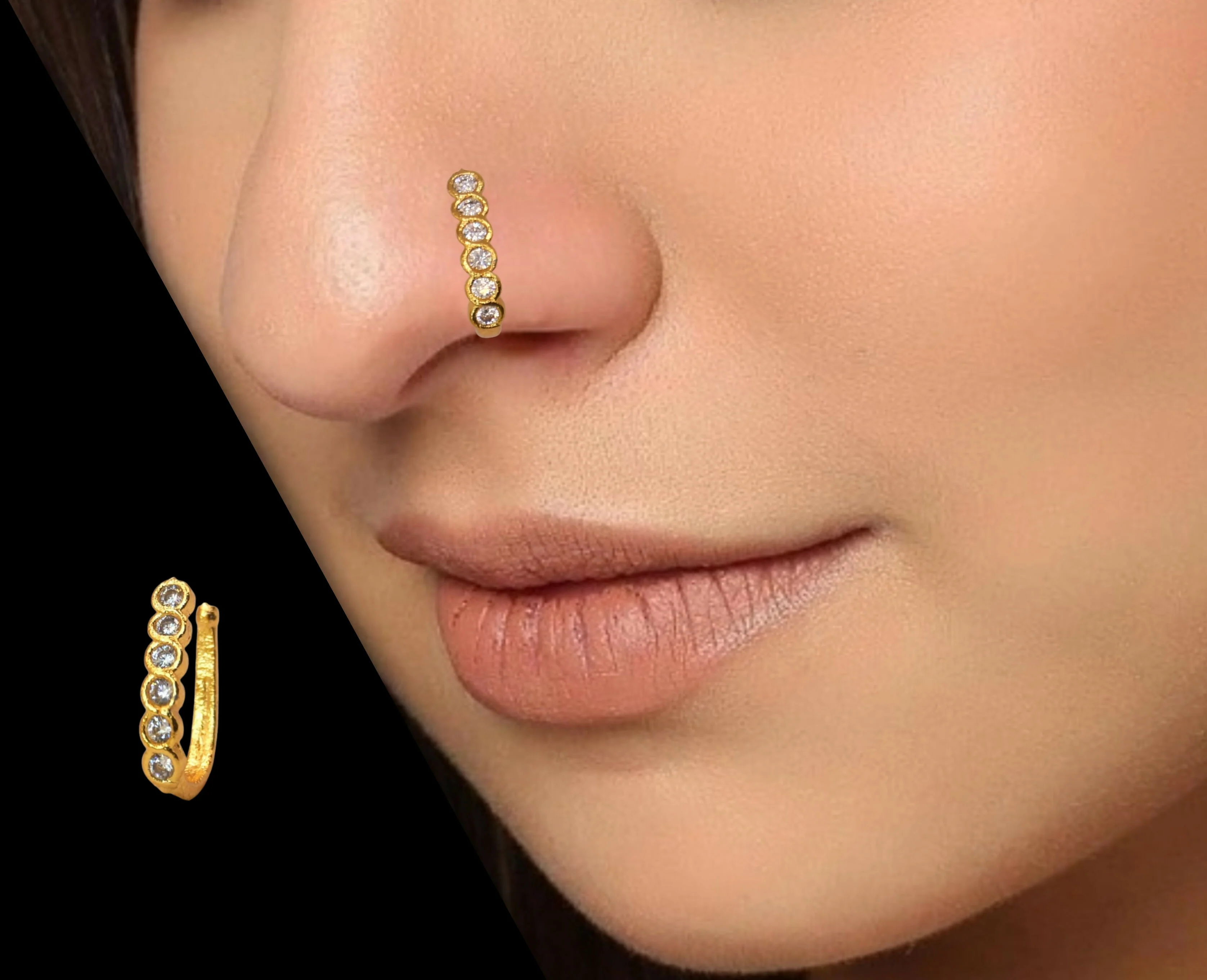 CZ Flower & Line Gold Plated Non-Piercing Nose Ring Set Combo Pack of 3 - Image 4