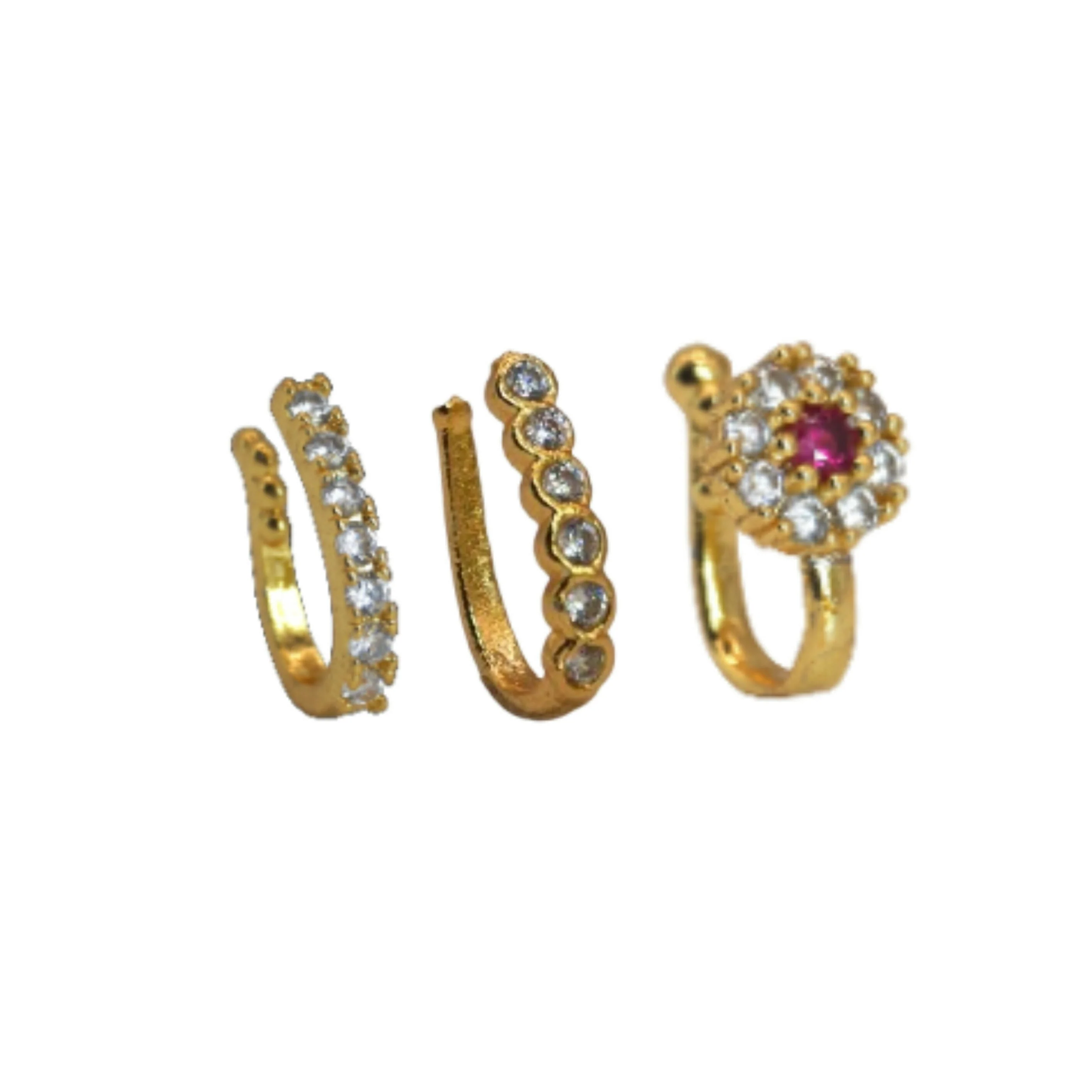 CZ Flower & Line Non-Piercing Nose Ring/Nath Combo Set Combo Pack of 3 - Image 2
