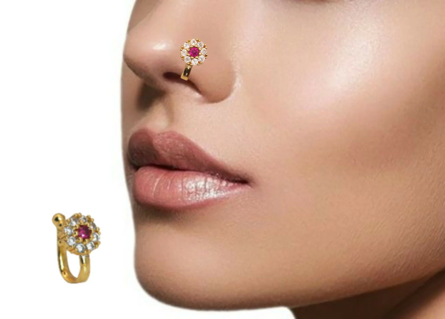 CZ Flower & Line Non-Piercing Nose Ring/Nath Combo Set Combo Pack of 3 - Image 4
