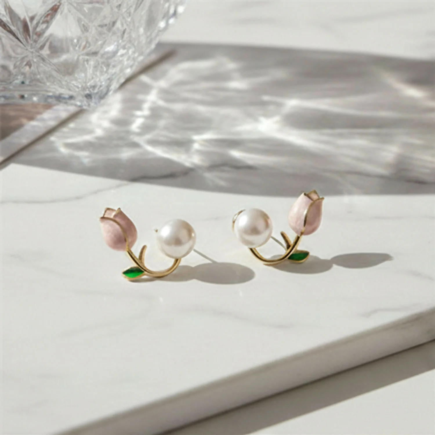 Dainty Enamel Tulip & Round Pearl Korean Style Earrings – Chic Nature-Inspired Jewelry - Image 3