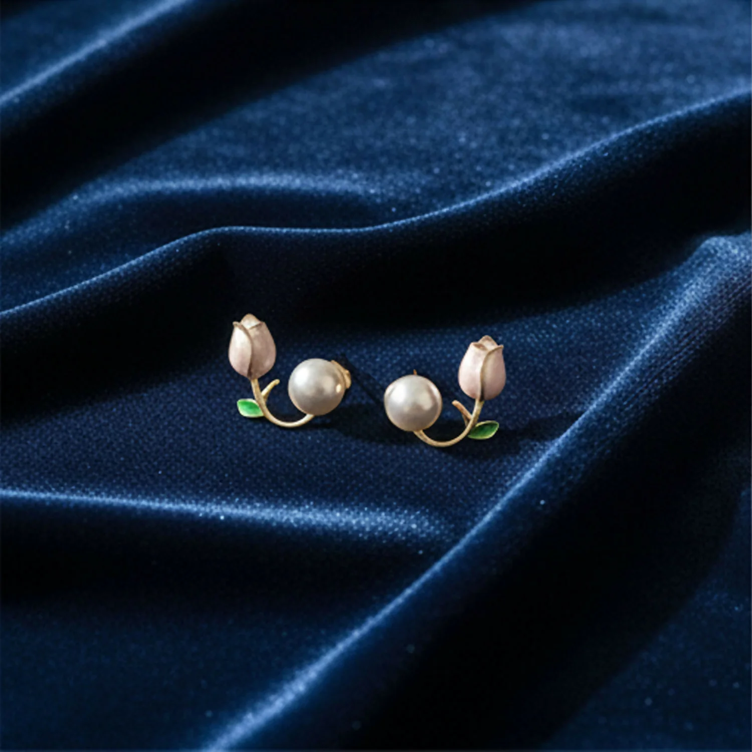 Dainty Enamel Tulip & Round Pearl Korean Style Earrings – Chic Nature-Inspired Jewelry - Image 4