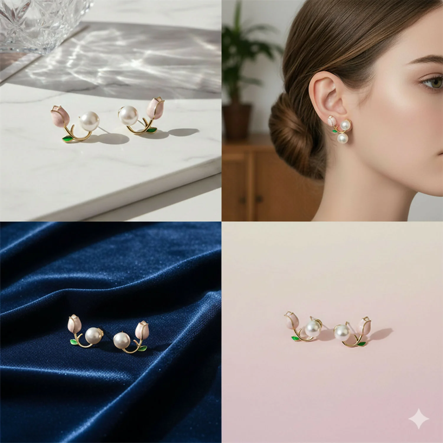 Dainty Enamel Tulip & Round Pearl Korean Style Earrings – Chic Nature-Inspired Jewelry - Image 6
