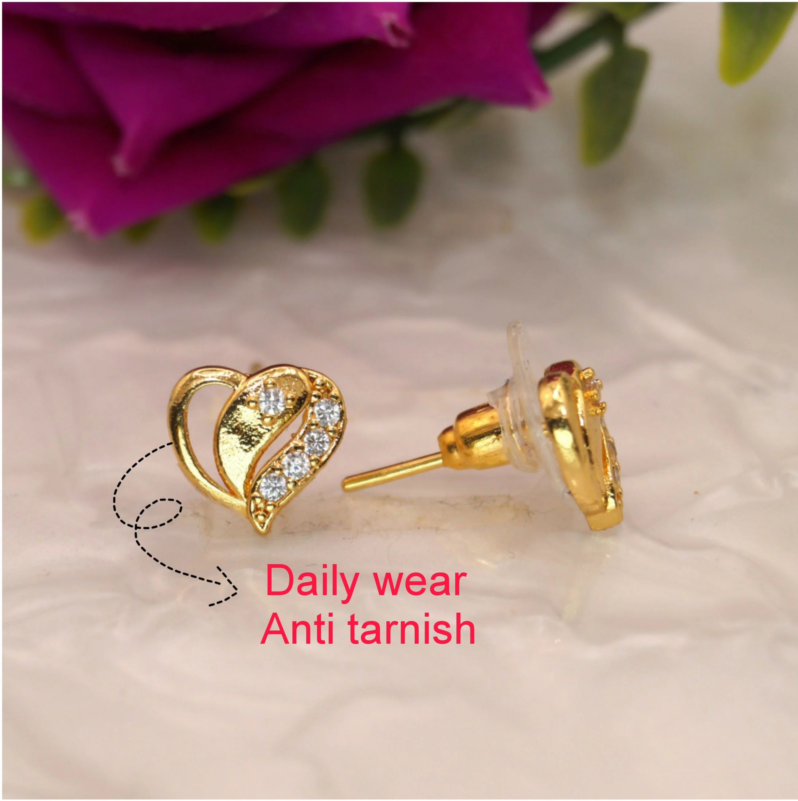 Dainty Gold Heart Stud Earrings with AD for women & girls - Image 3