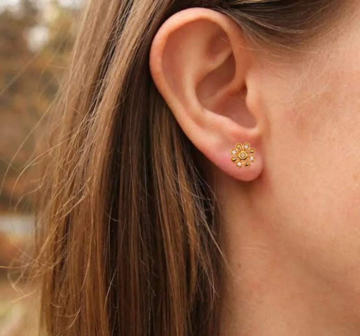 Dainty Gold Plated AD Floral Stud Earrings for Women & girls - Image 2