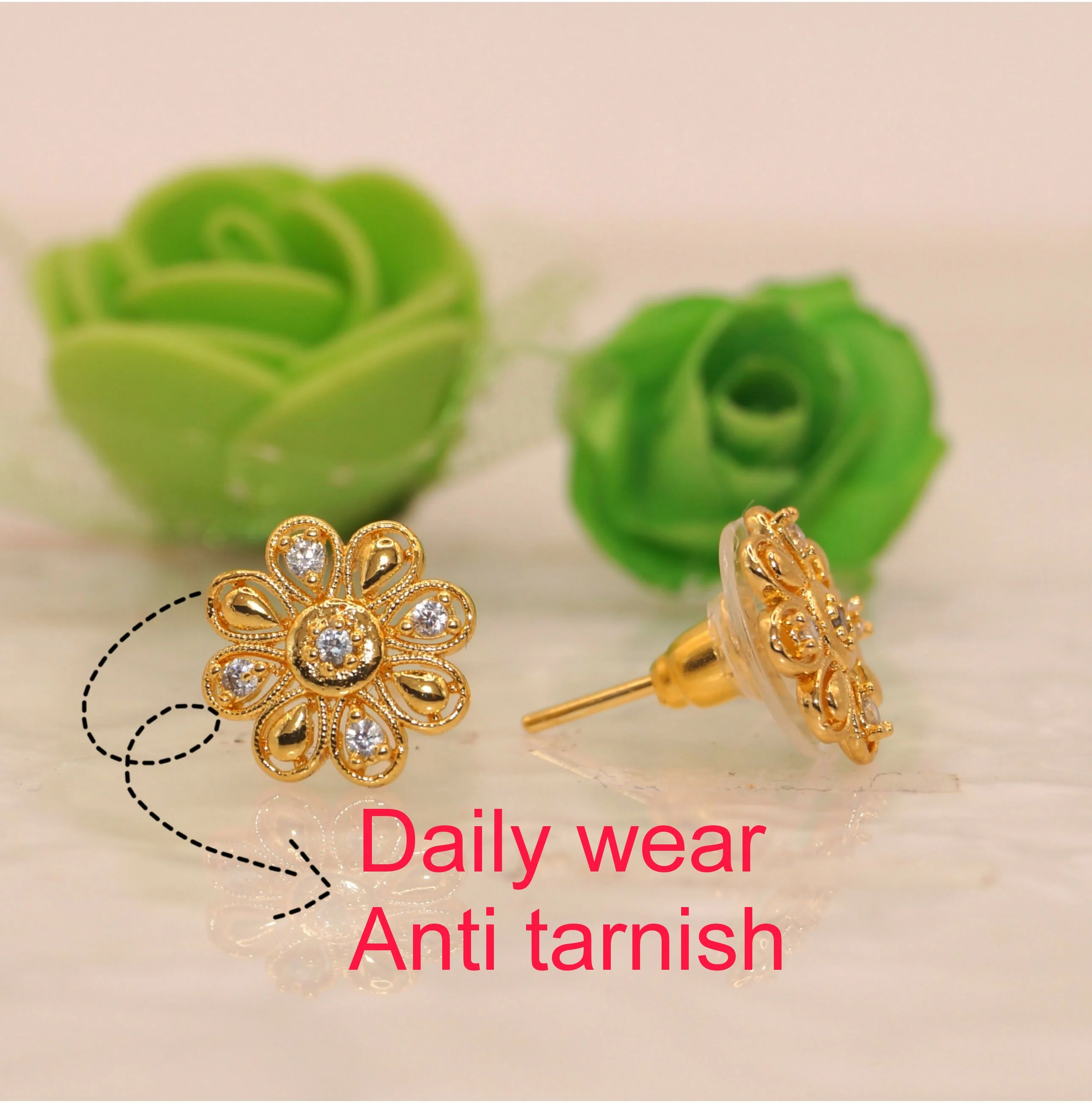 Dainty Gold Plated AD Floral Stud Earrings for Women & girls - Image 3