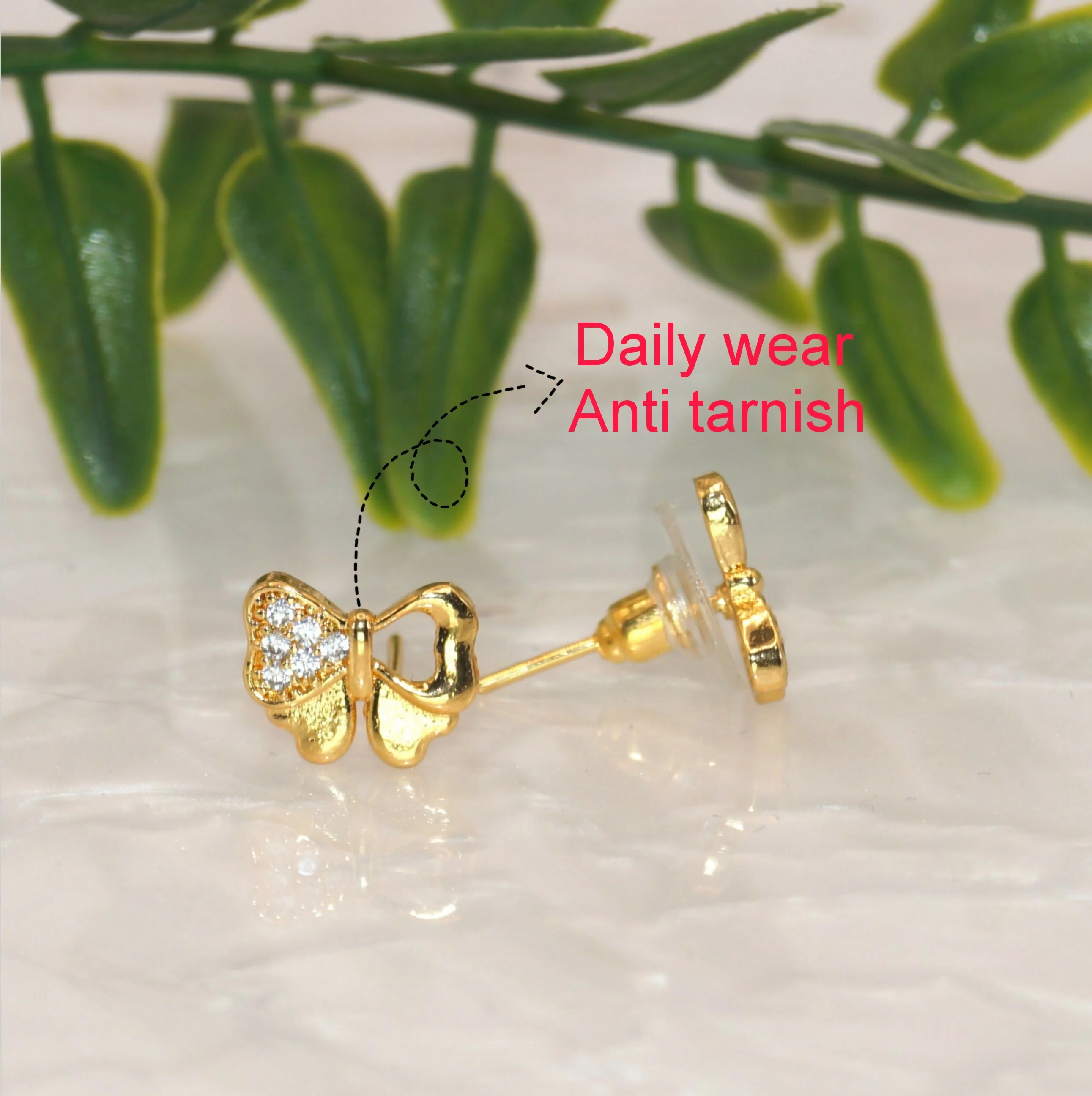 Dainty Gold Plated Butterfly Stud Earrings with AD for women & girls - Image 3