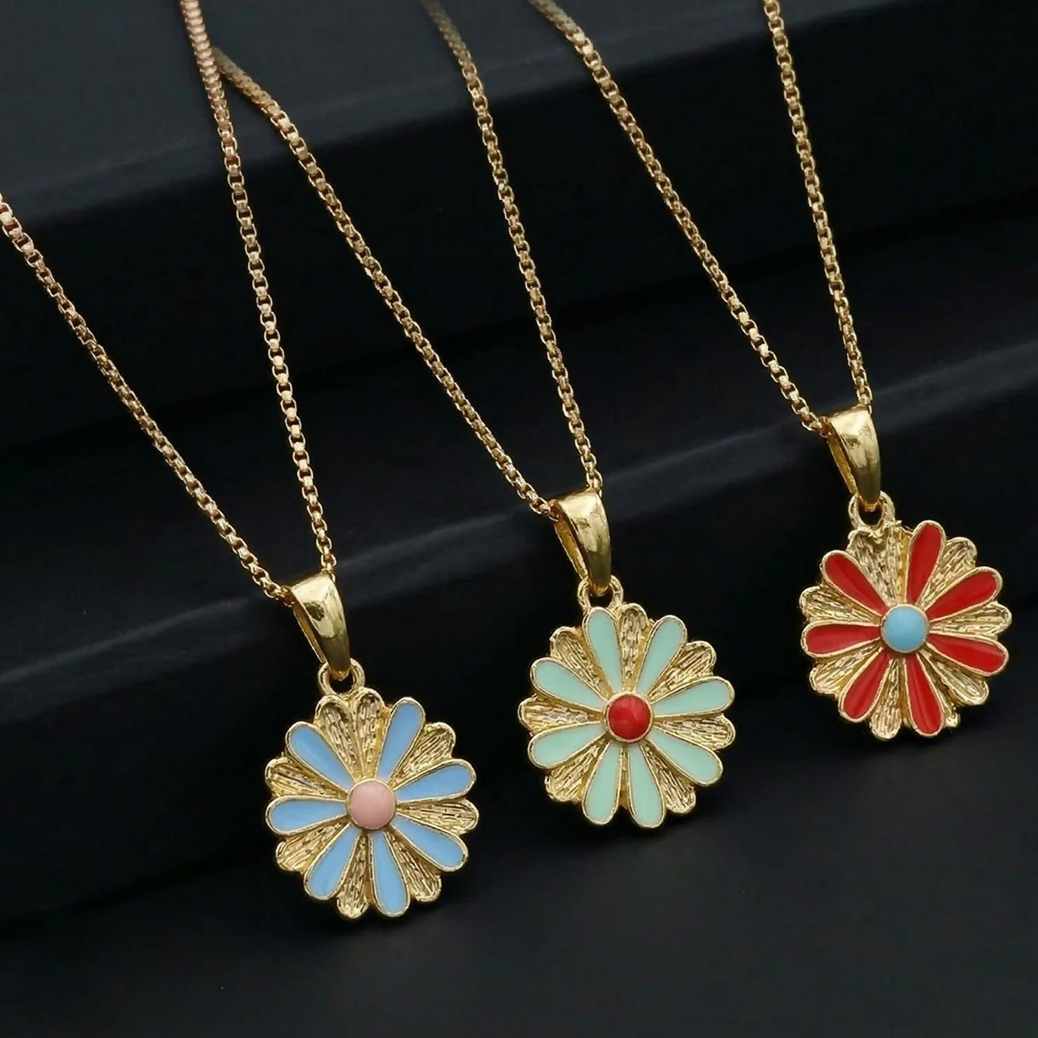 Daisy Flower Gold Pendant Necklaces with Colorful Enamel - Image 2