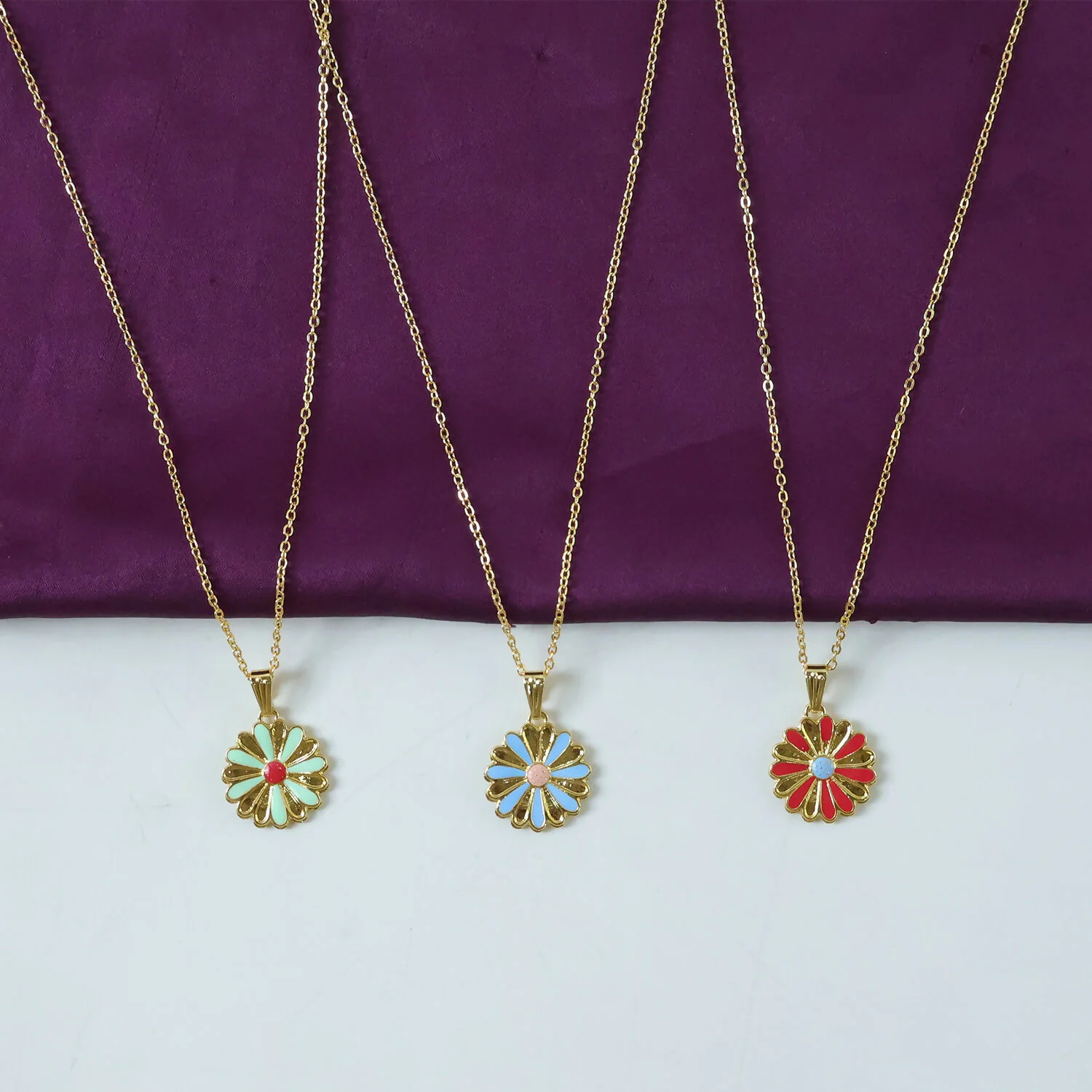 Daisy Flower Gold Pendant Necklaces with Colorful Enamel - Image 3