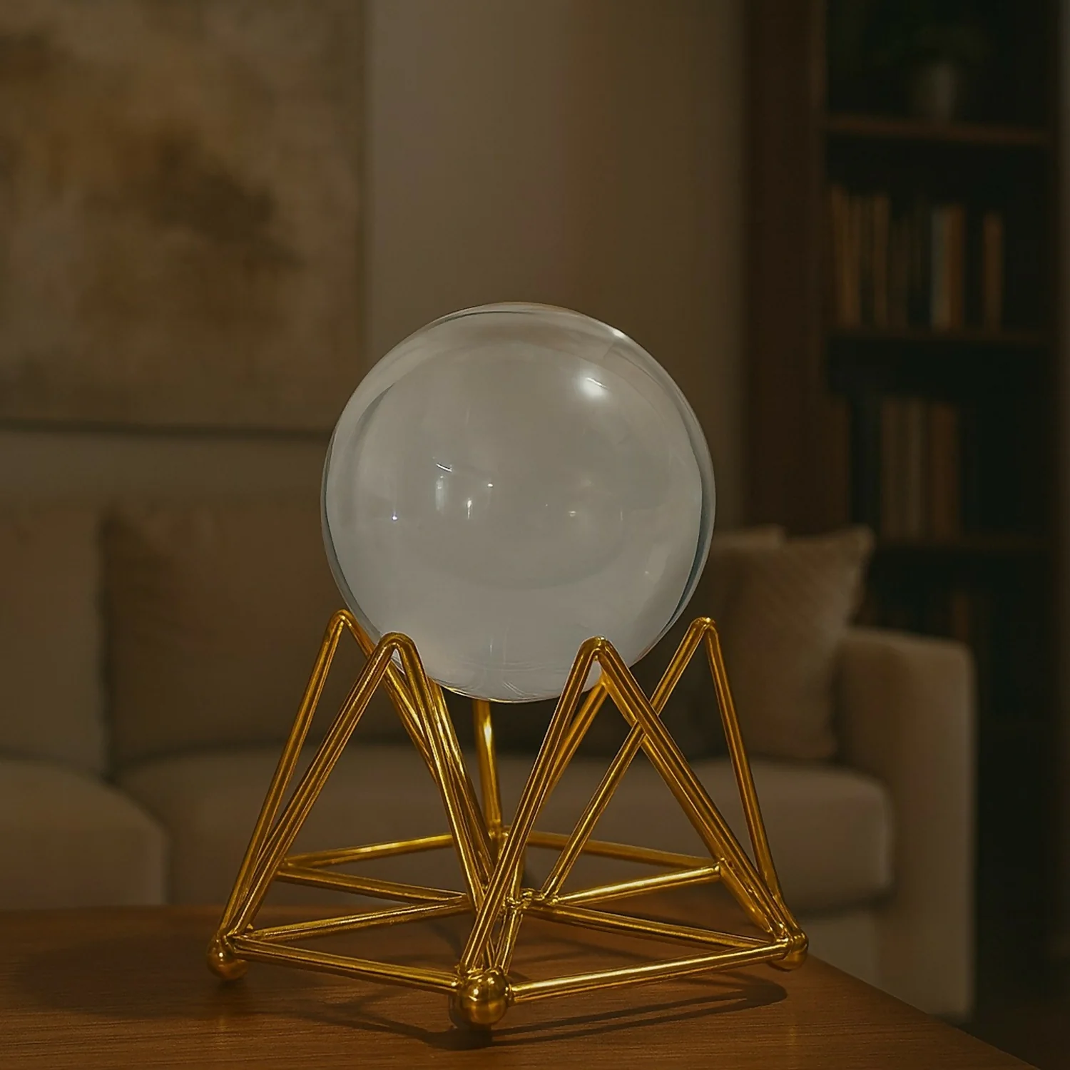 Decorative Crystal Ball with Premium Golden Geometric Stand for Home Office Desk | Clear Glass Sphere Showpiece for Table Decoration, Vastu, Meditation, Feng Shui, Gifting | Modern Luxury Home Décor Ornament - Image 3